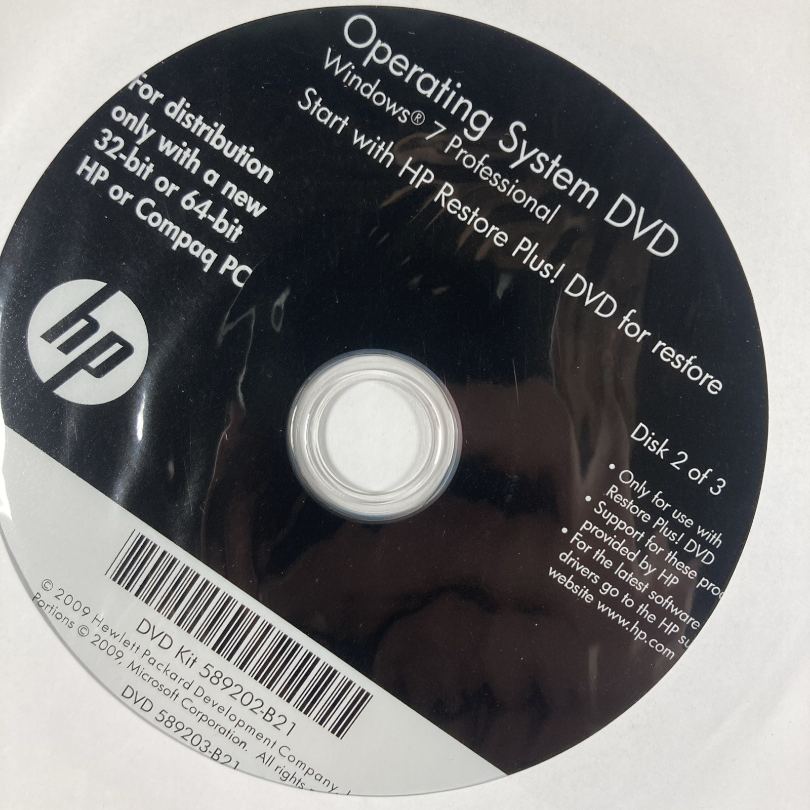 HP Restore Plus! Microsoft Windows 7 Professional Recovery DVD'S (3)