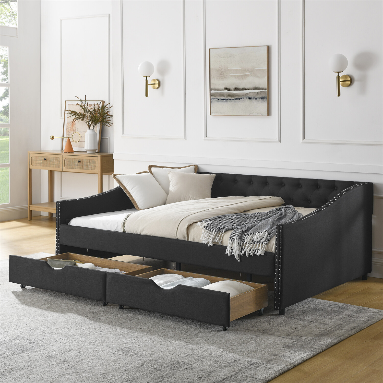 Full Size Daybed Upholstered Bed Frame Sofa Bed with 2 Storage Drawer US