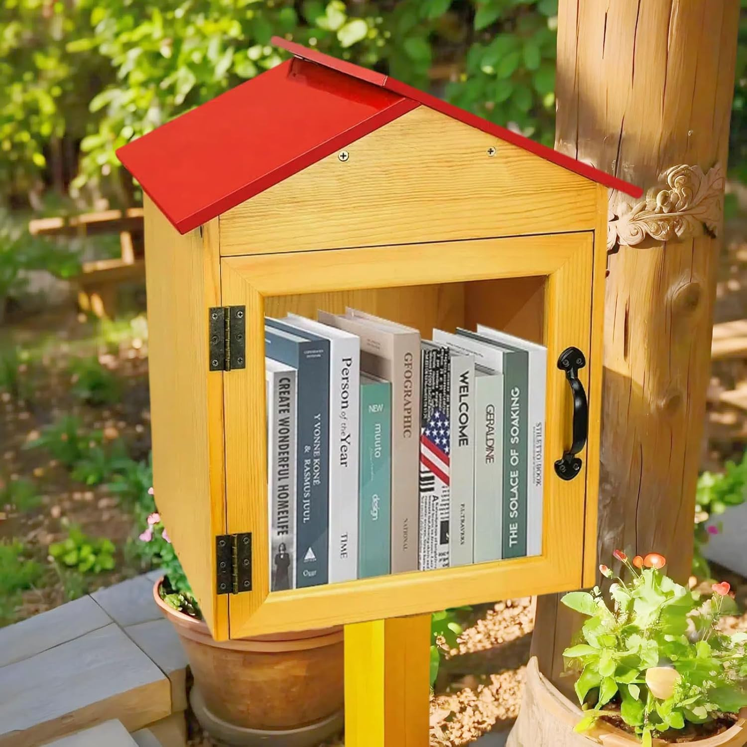 Outdoor Library Book Box Storage, Red Wooden Cabinet Little Literature Box for N