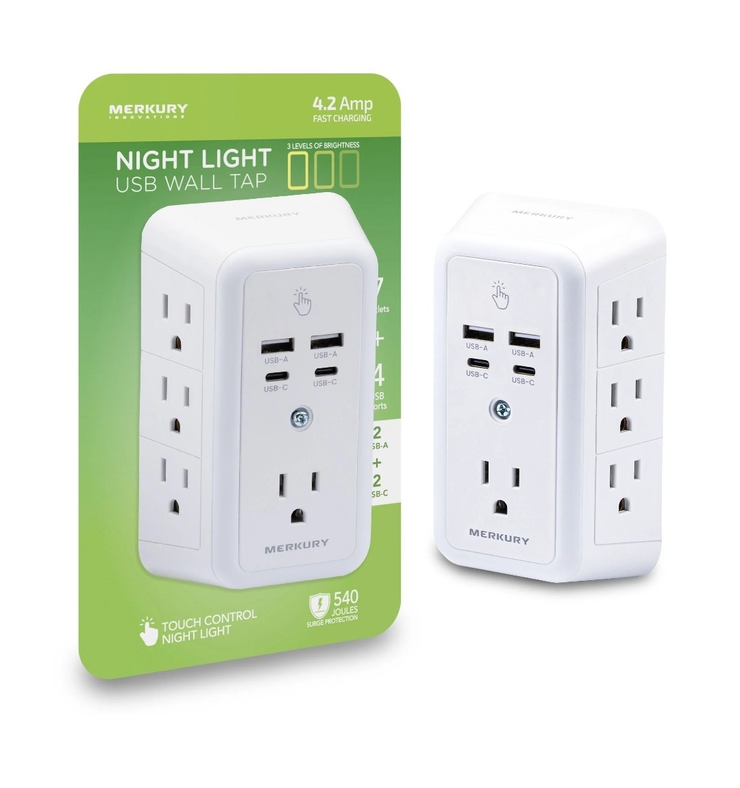 Night Light Wall Tap w/7 AC Outlets USB-A & USB-C Ports 540J Surge Protection