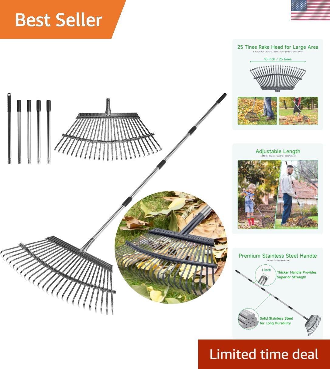Rake for Leaves Heavy Duty 72 Inch Long Expandable Leaf Rake, 18 Inch Wide Ga...