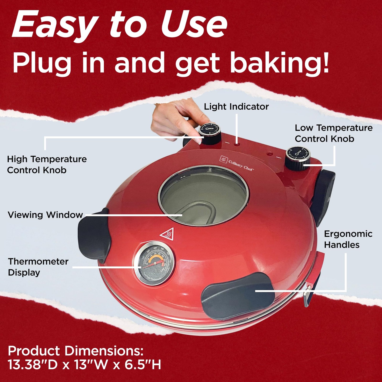 CULINARY CHEF Electric Pizza Oven with Ceramic Stone, Viewing Window, Adjustable