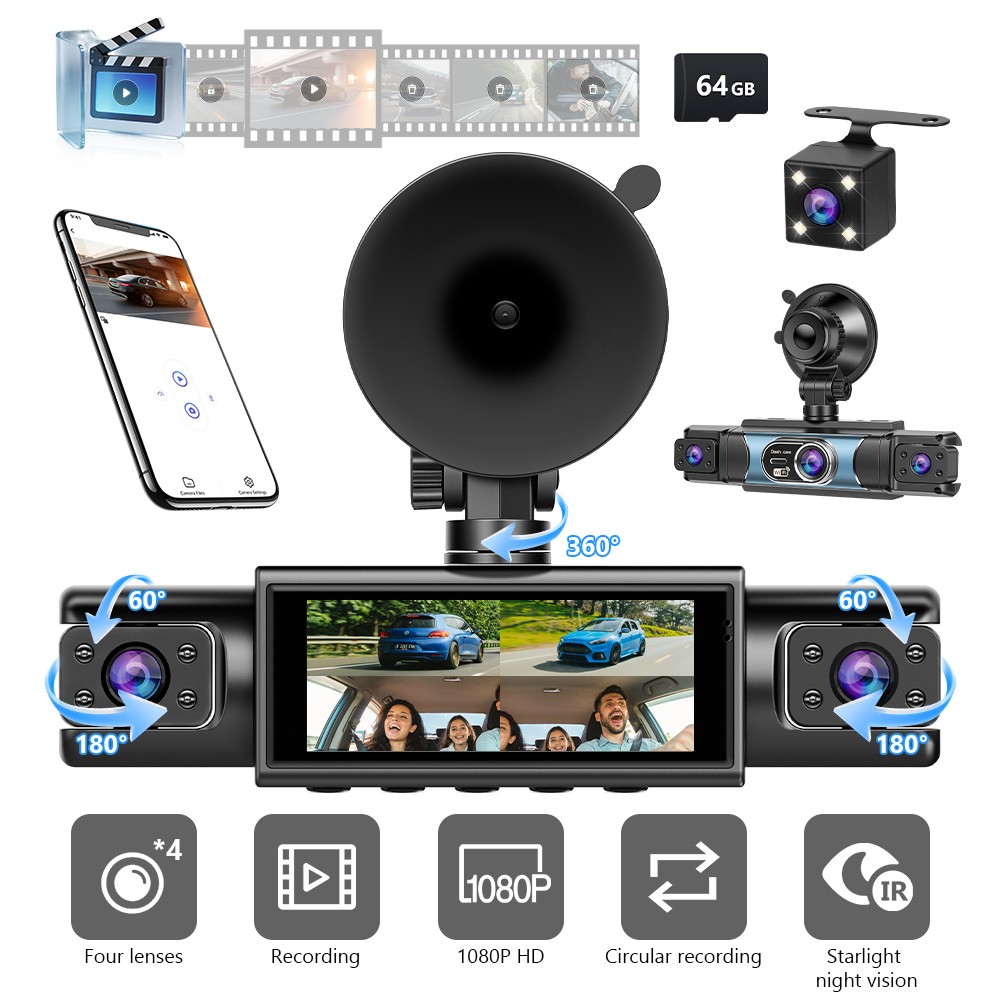 4 Channel Dash Cam Front Rear Inside Left Right 360° View Car Camera HD 1080P