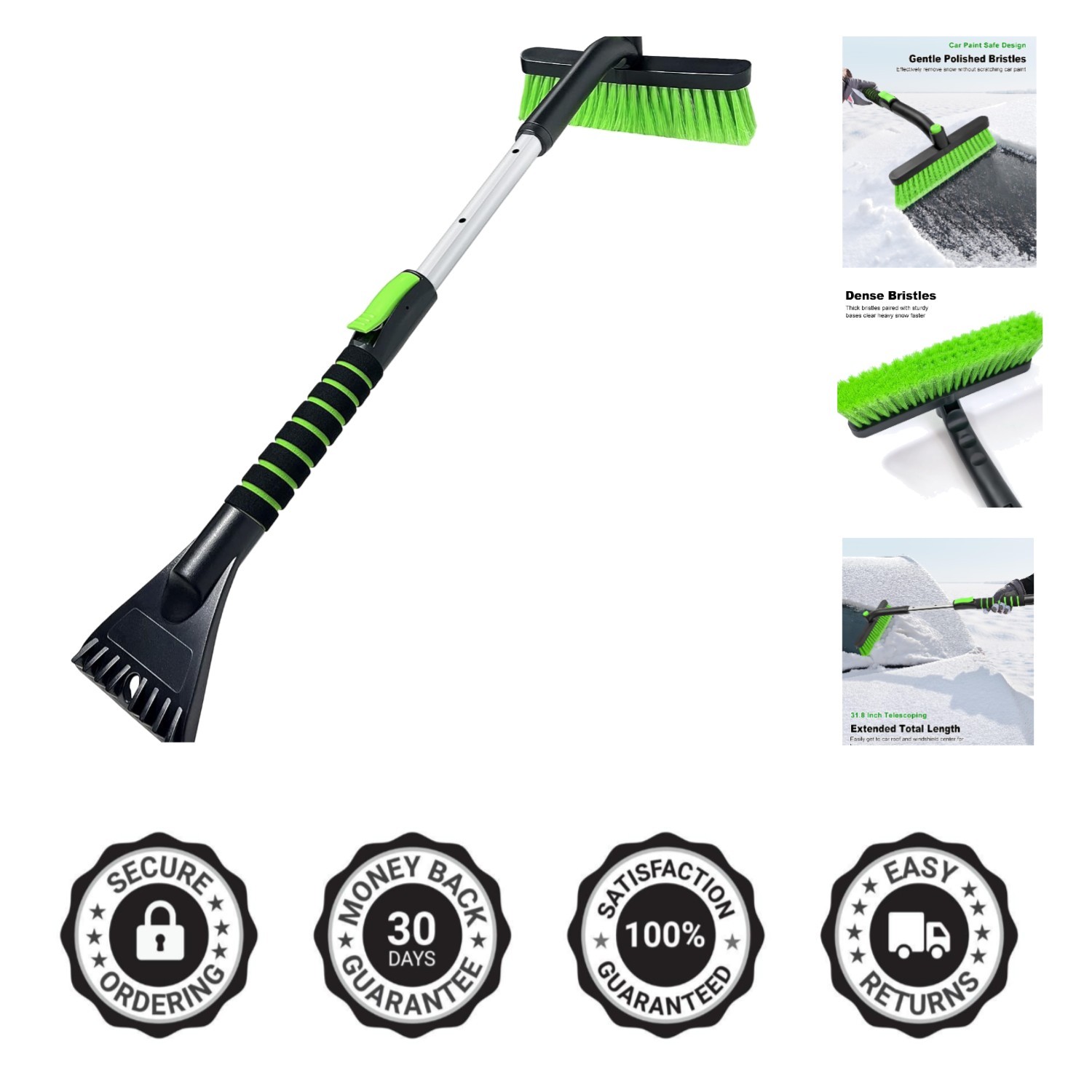 Extendable 31.8 Inch Ice Scraper & Snow Brush with Ergonomic Grip for Vehicles