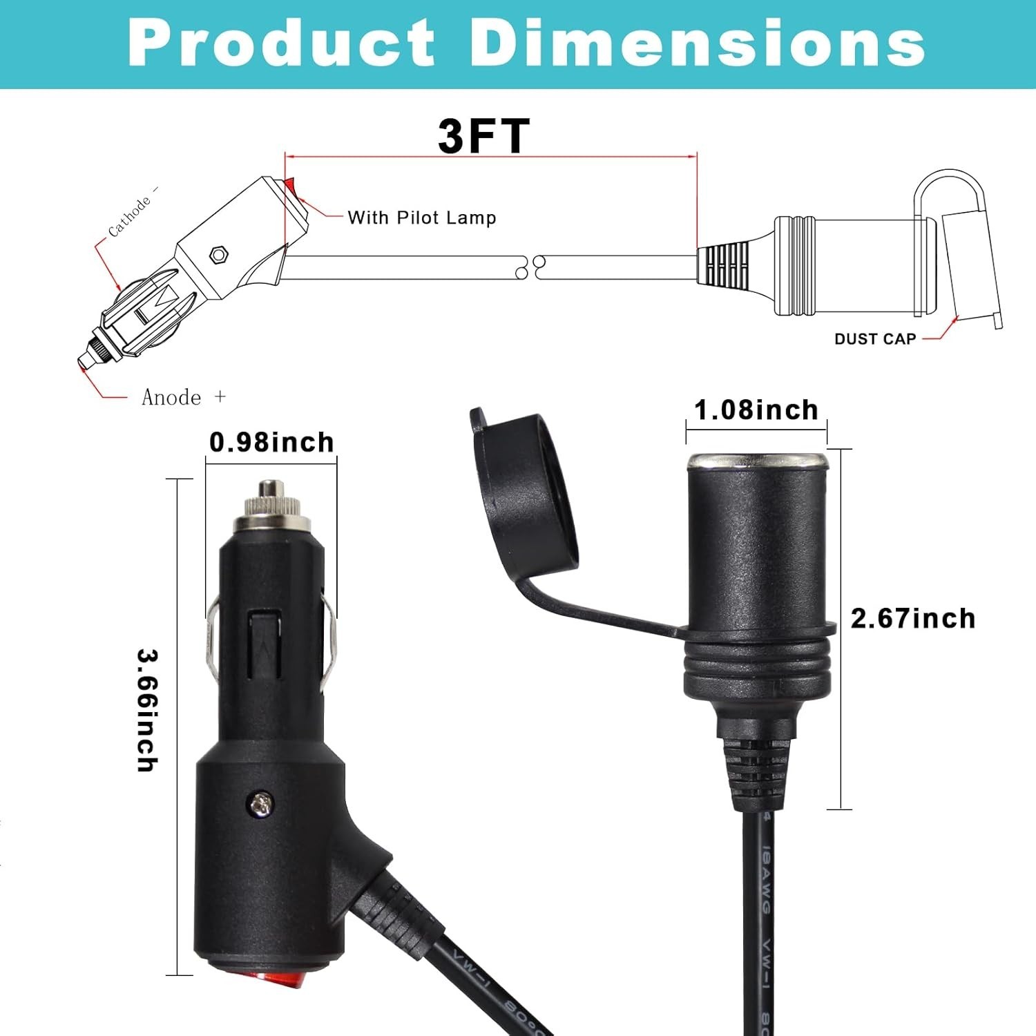 Car Cigarette Lighter Extension Cord 3FT with Safety Switch & LED Power Light