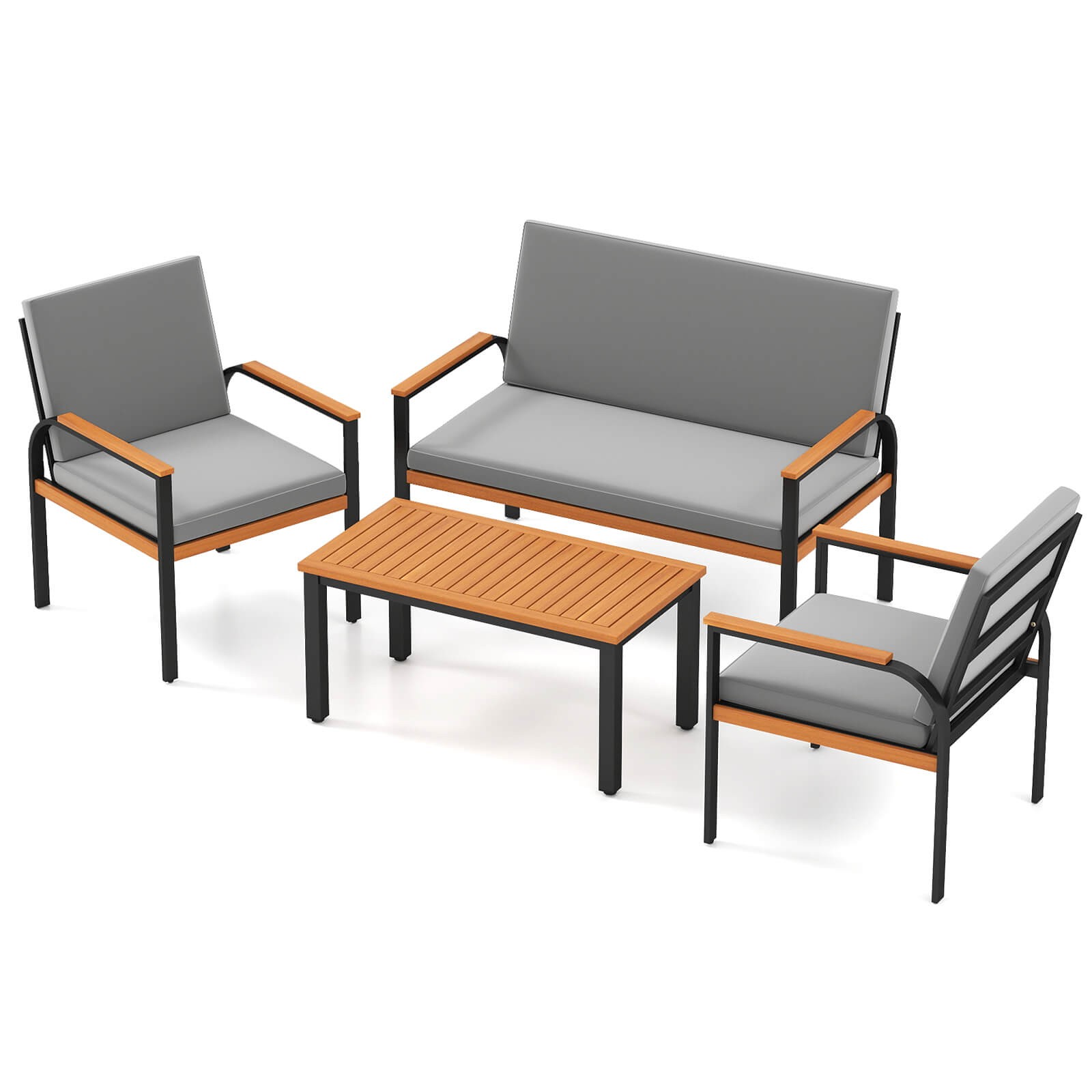 4 Piece Patio Furniture Set w/Coffee Table, Loveseat & 2 Single Chairs for Porch