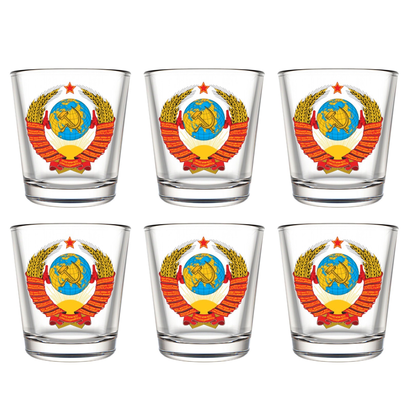 Set of 6 USSR Shot Glass Vodka Tequila Russian Emblem Glass Set [50 ml each]