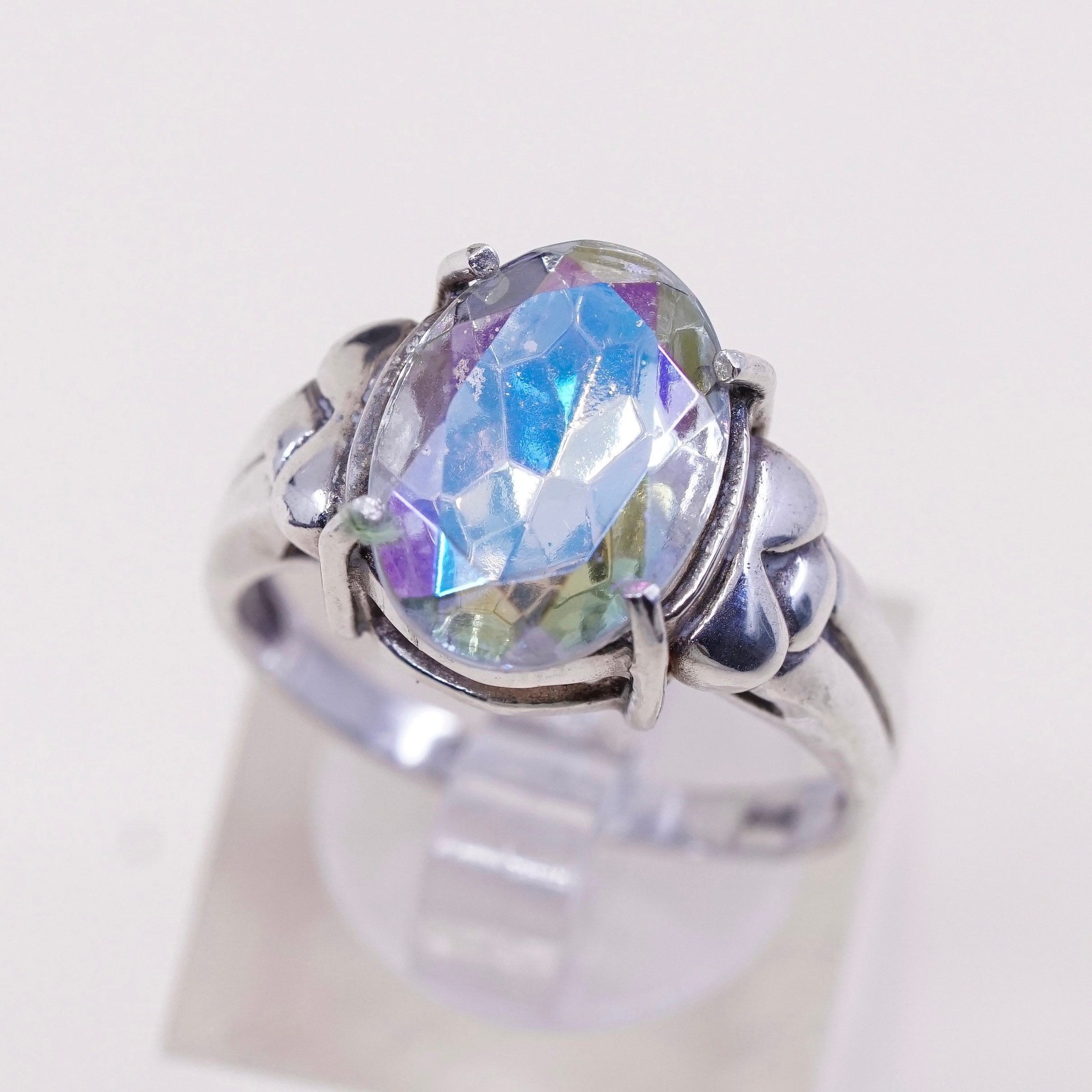 sz 9, vtg Sterling 925 silver ring w/ oval crystal, engagement ring