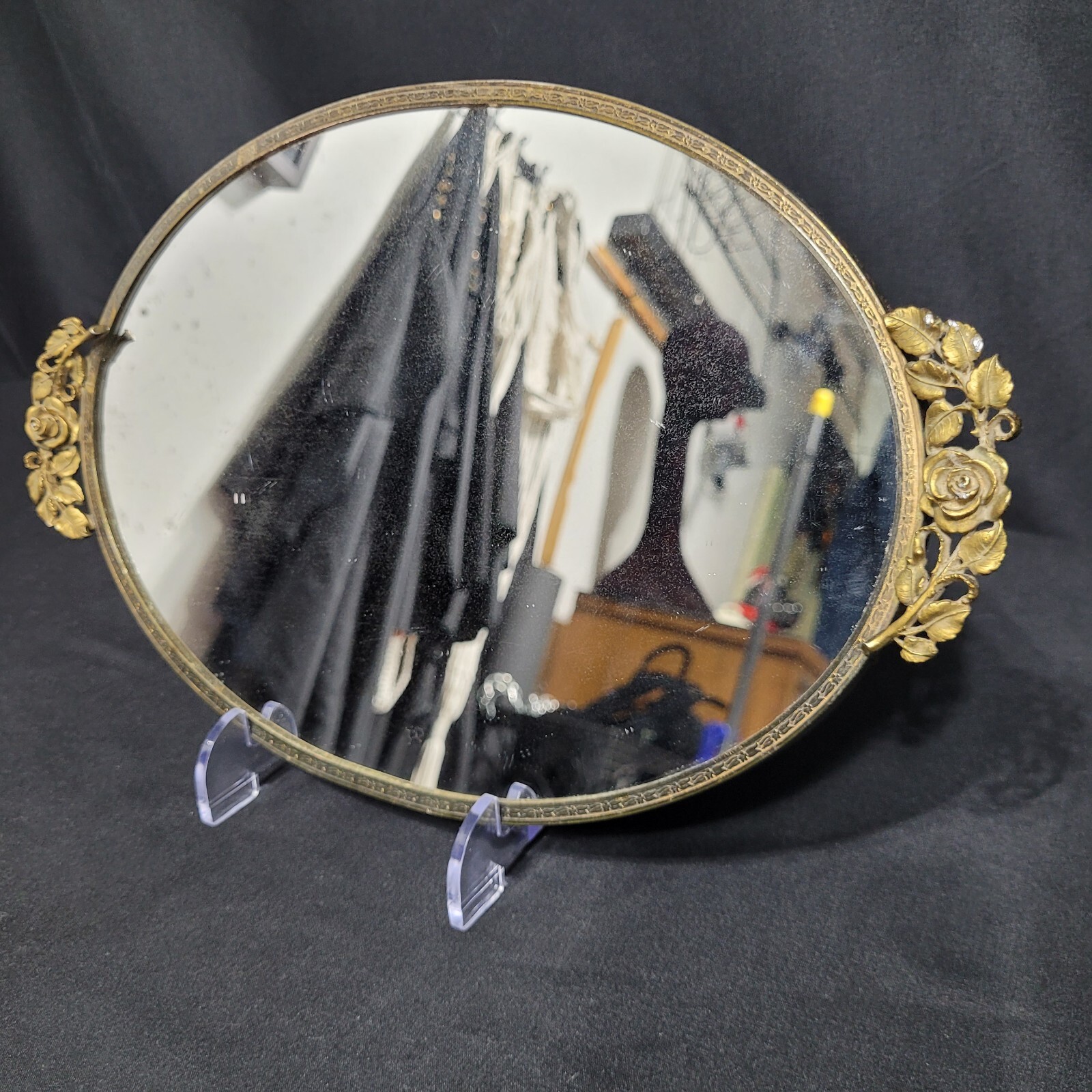 Victorian Design Bronze Flower Trim Perfume Mirror