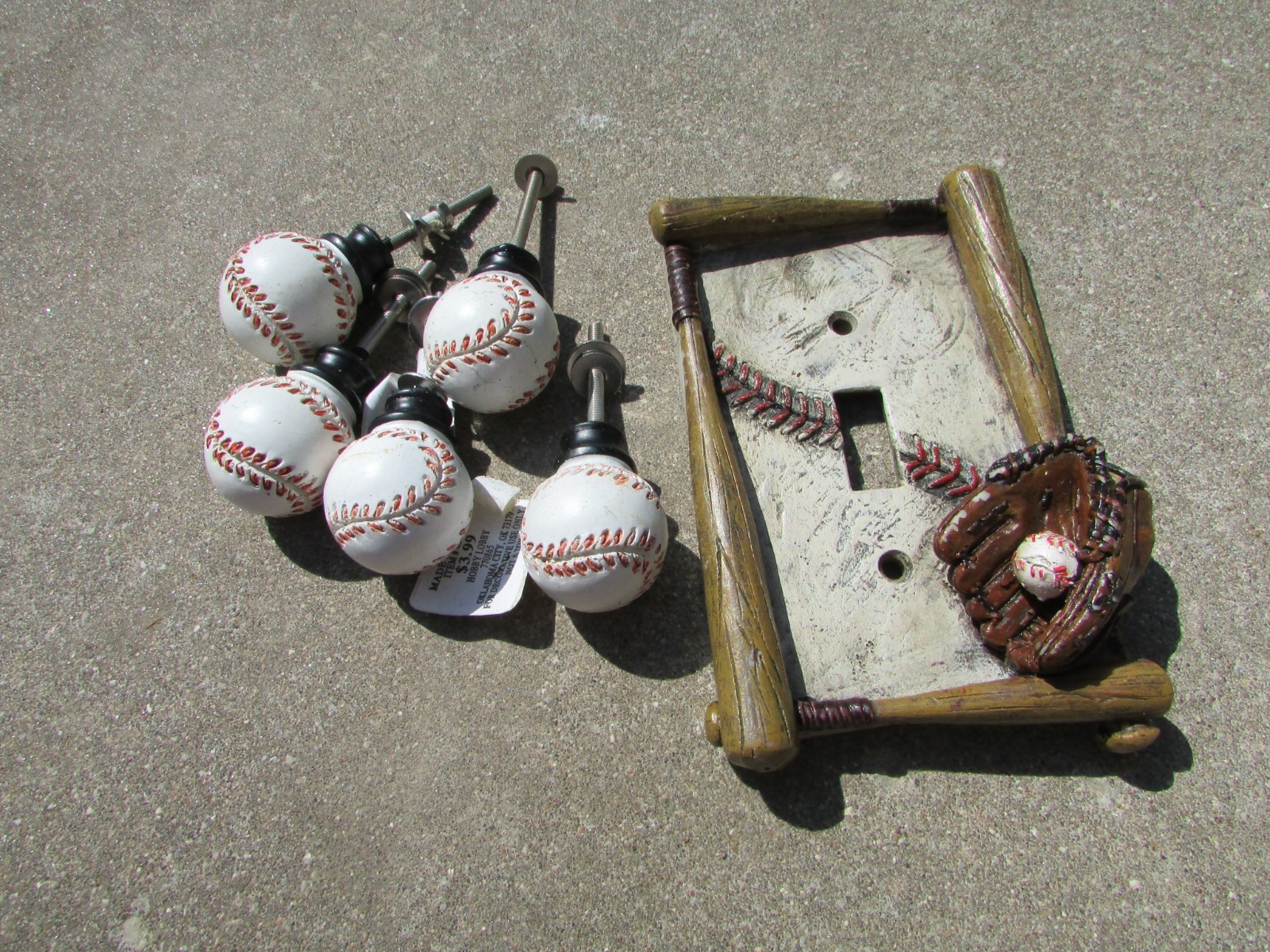 Lot of 5 Round BASEBALL Pull Knobs & 1-Toggle Light Switch Cover Child's Room