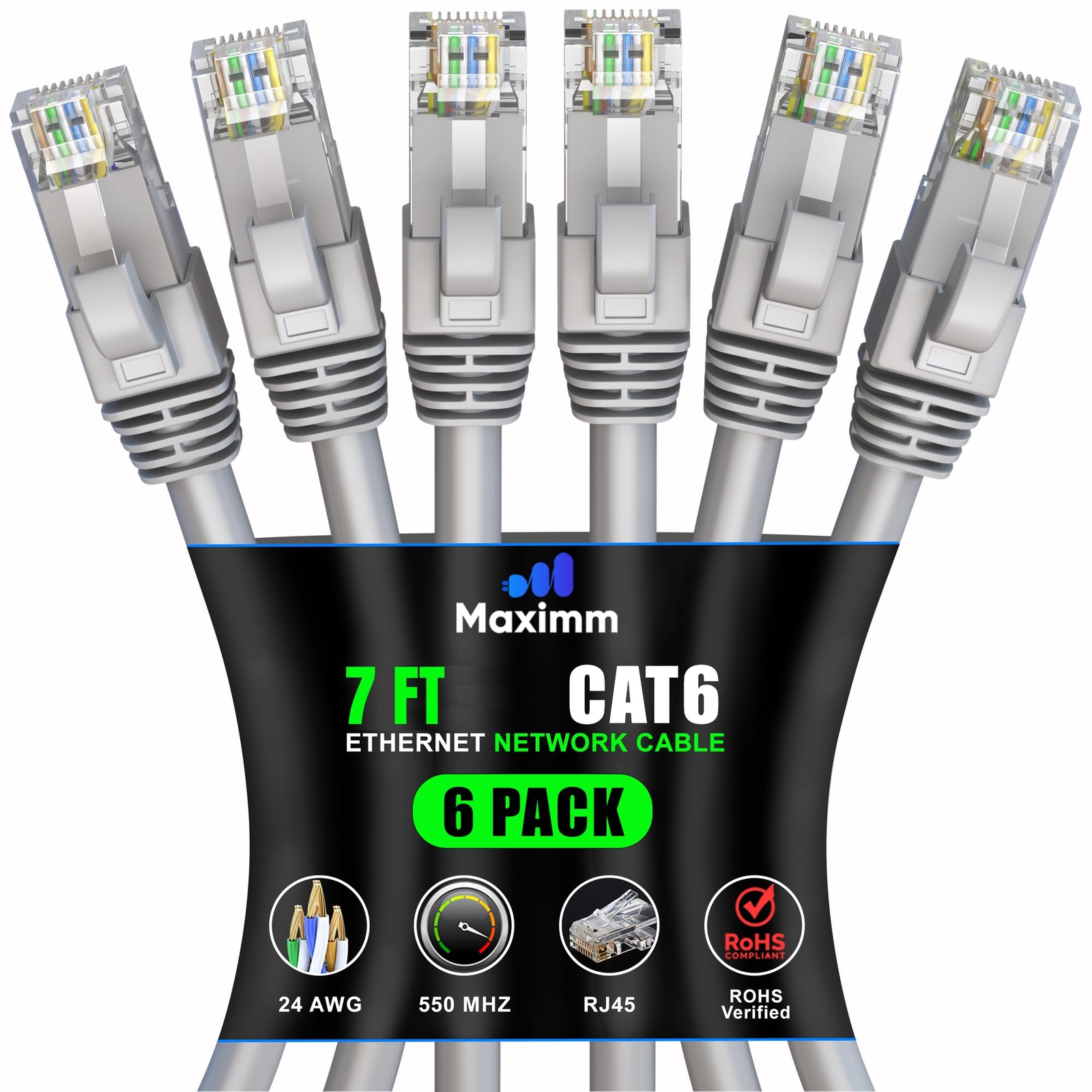 6-Pack Cat6 Ethernet Cables 7ft High-Speed LAN Cords 10Gbps Gray