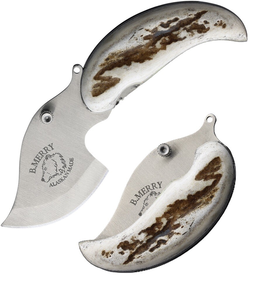 B Merry Pocket Ulu Fixed Knife 1.75" 440 Steel Blade Caribou Antler Handle PUCA