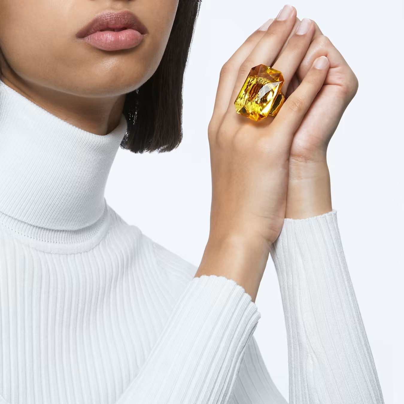 Swarovski Lucent cocktail ring oversized crystal, octagonal cut yellow size 60.