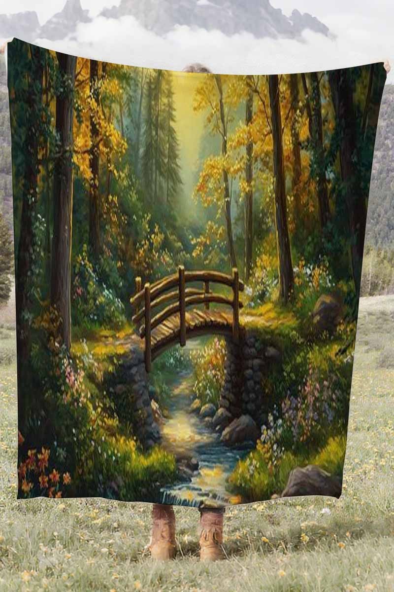 Golden Forest Stream Bridge Coral Fleece Cozy Throw Blanket Rustic Elegant