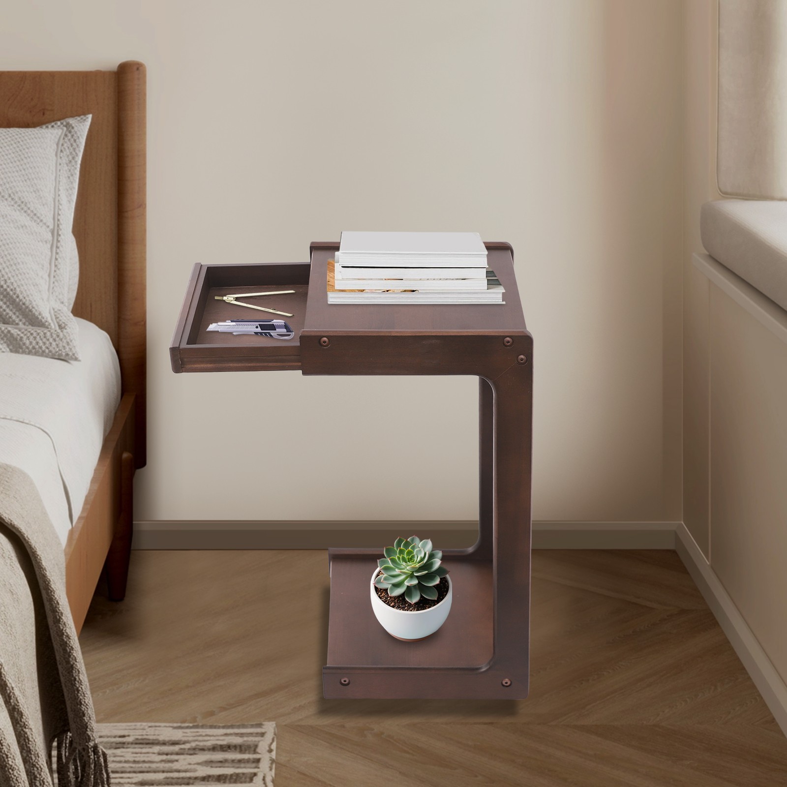 C-Shape Mobile Snack End Side Sofa Laptop Table w/ Drawer & Lockable Wheels