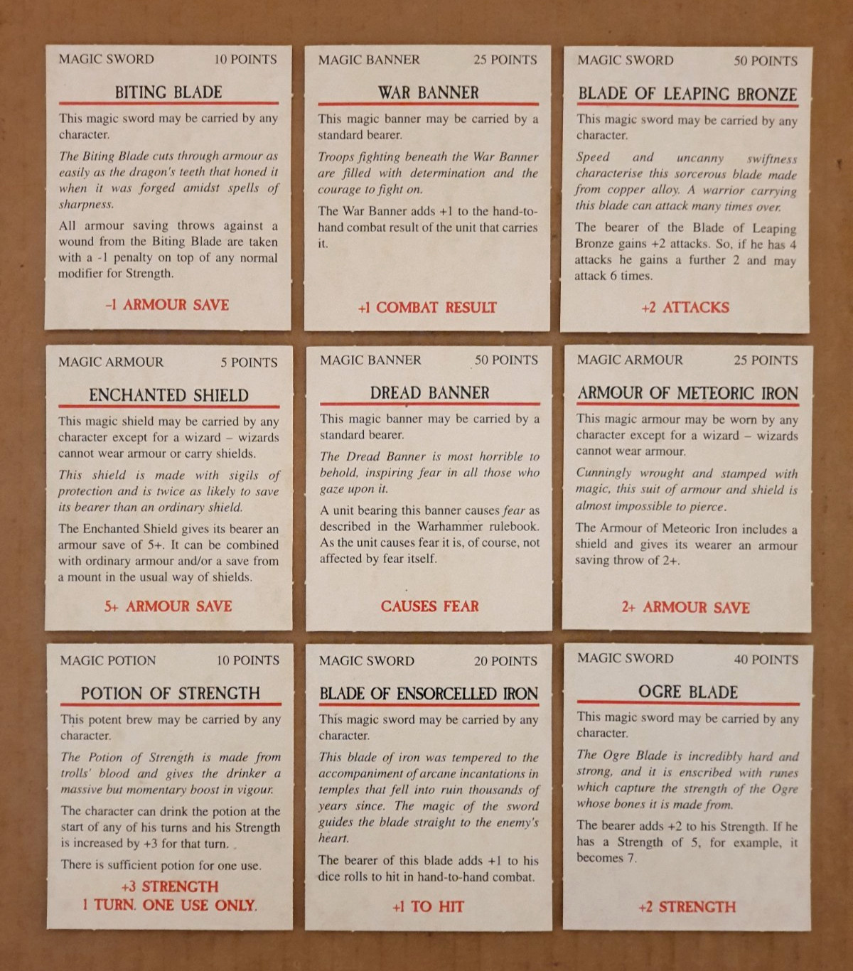 Warhammer Fantasy Battle 4th Edition Magic Item Cards x 9