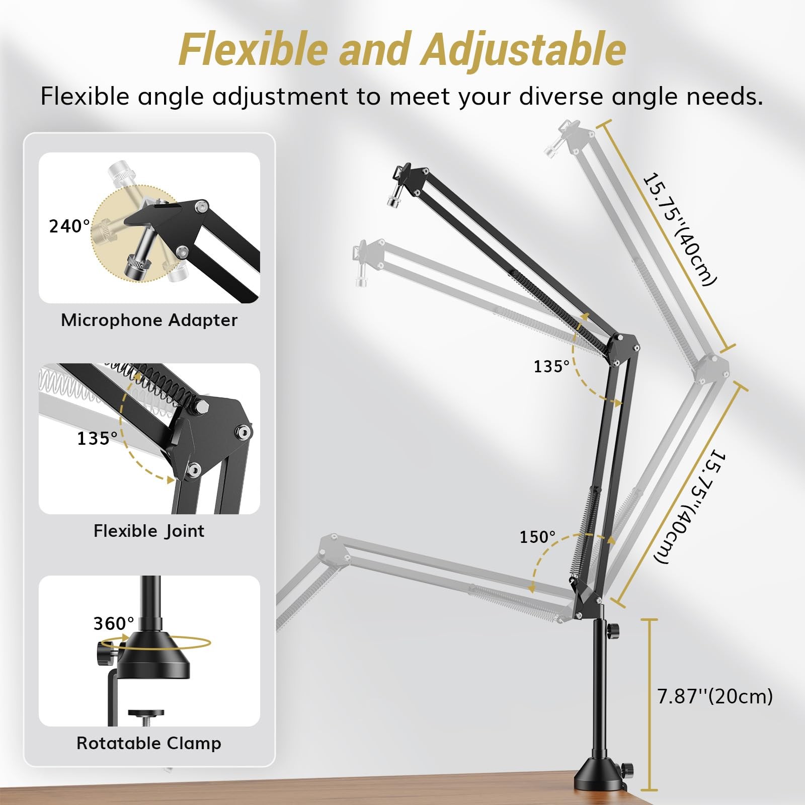 Microphone Boom Arm Adjustable Stand Pop Filter 3/8 & 5/8 Adapter Riser T10L+
