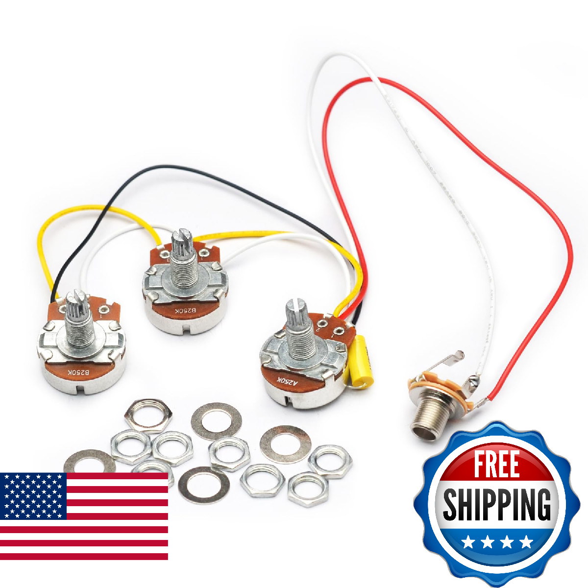 SAPHUE Bass Prewired Wiring Harness Kit, 250K Big Pots, 2V 1T for Jazz Bass