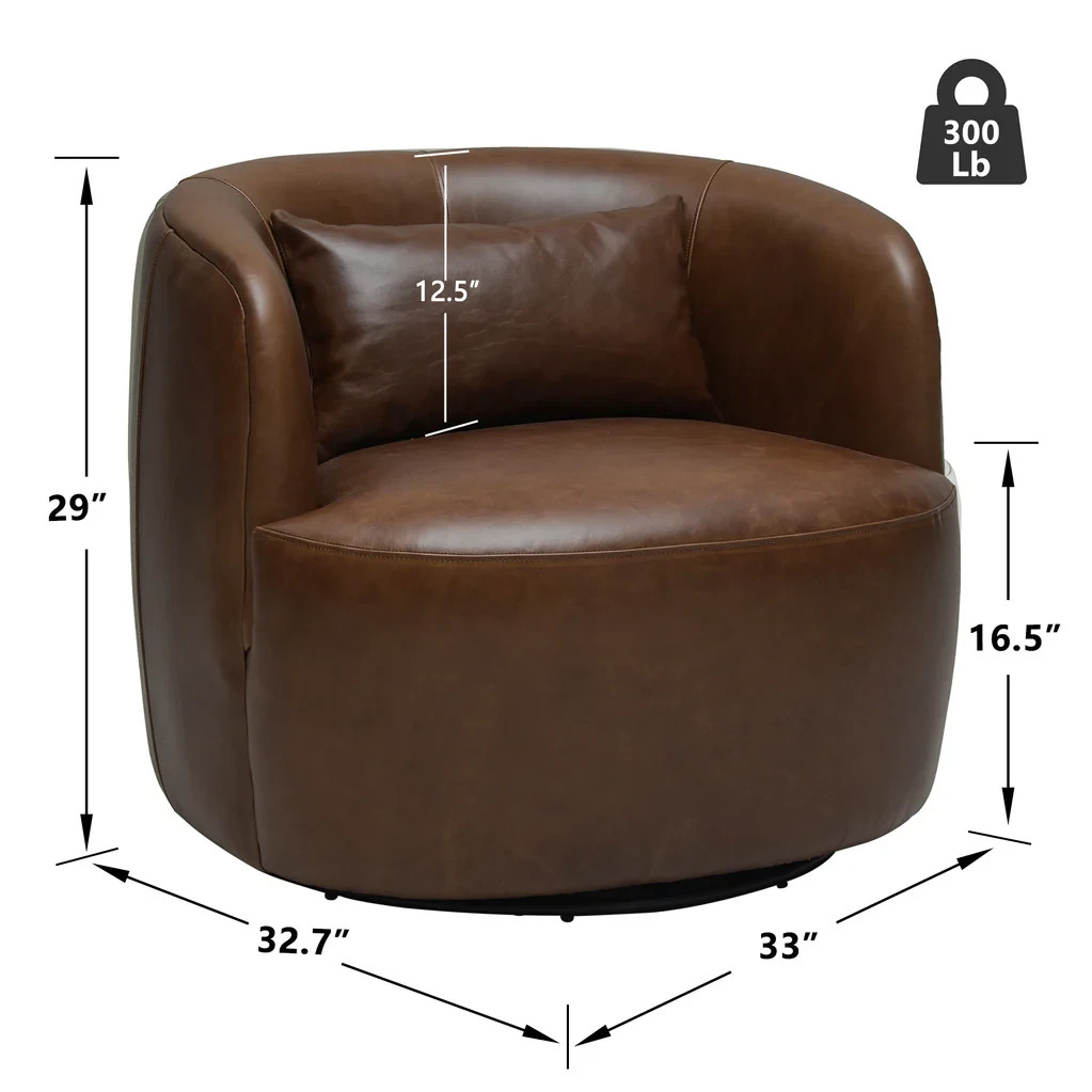 Open Box -34" Wide Genuine Leather Swivel Barrel Chair (Retail price $749)