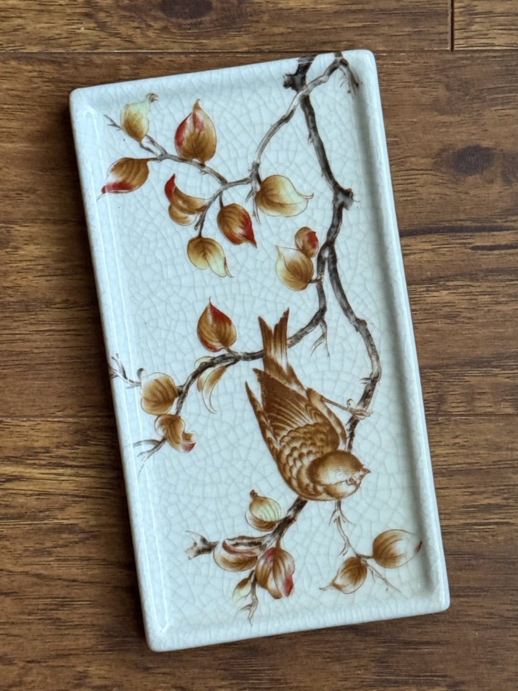 Vintage Trinket Tray Dish-With Bird,  Branches & Leaves Light Brown & Tan-Amita