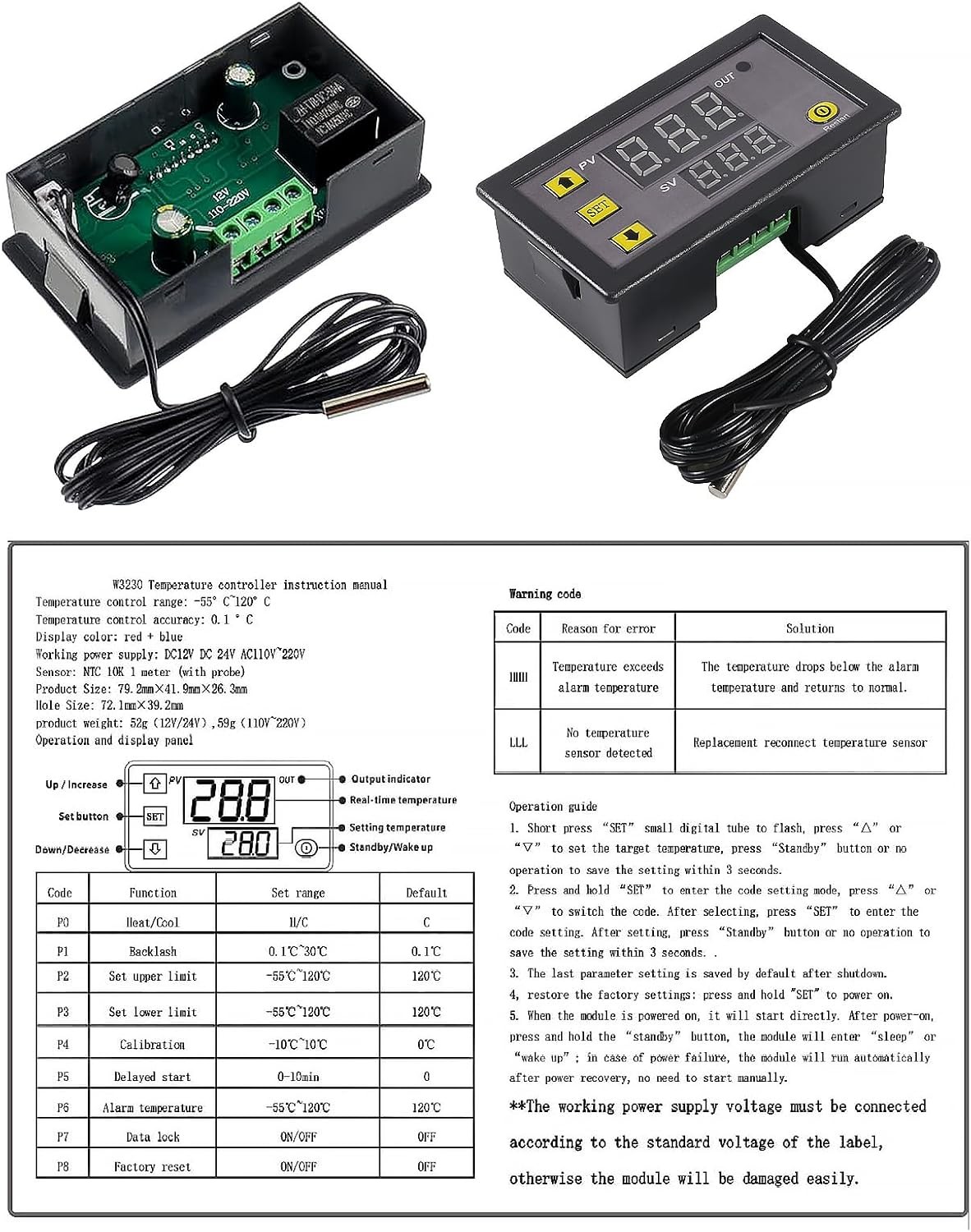 2PCS W3230 Digital Temperature Controller 12V LED Thermostat -50~120°C