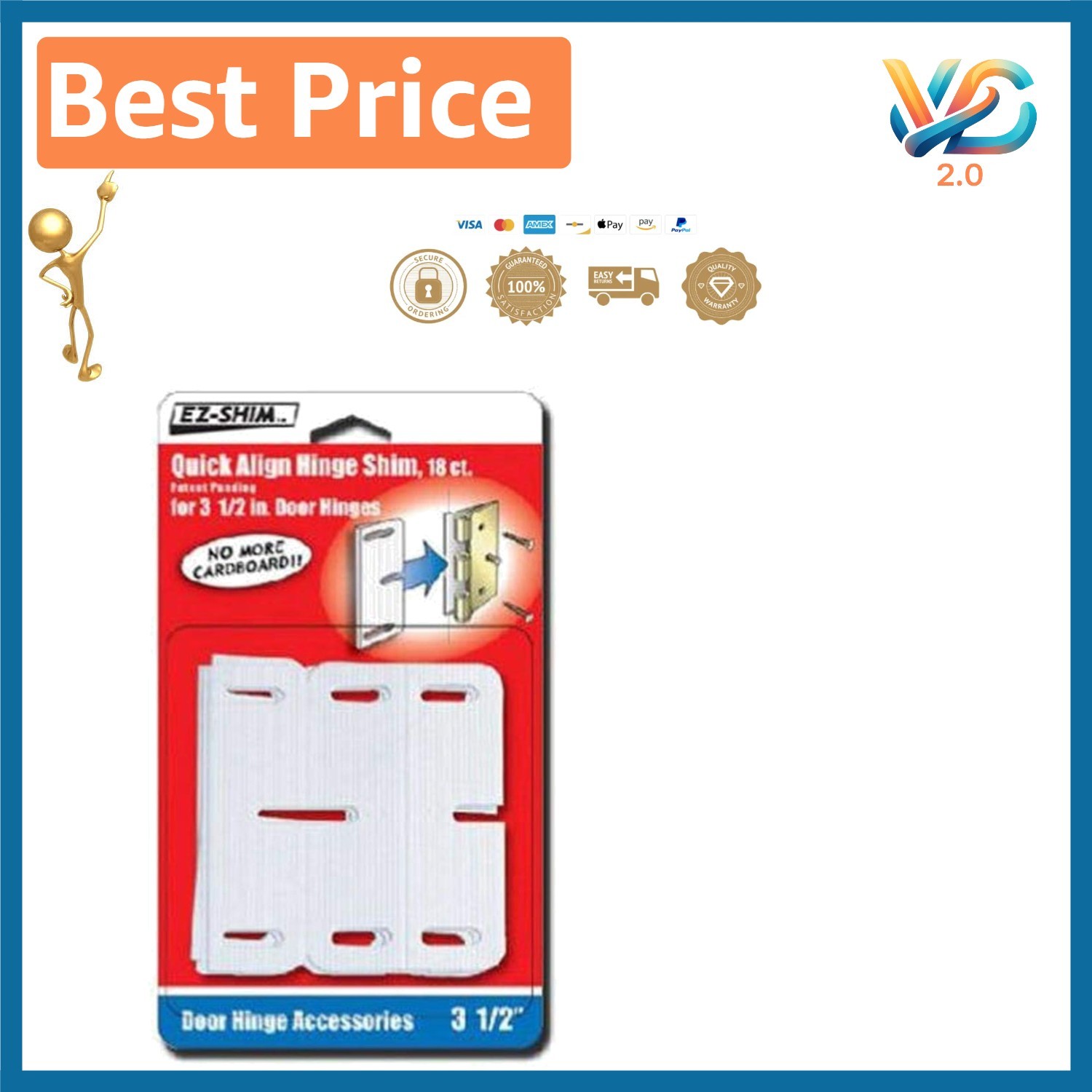 EZ Hinge Shim 3.5" (18 Pack) - Plastic Shims for Effortless Door Adjustments
