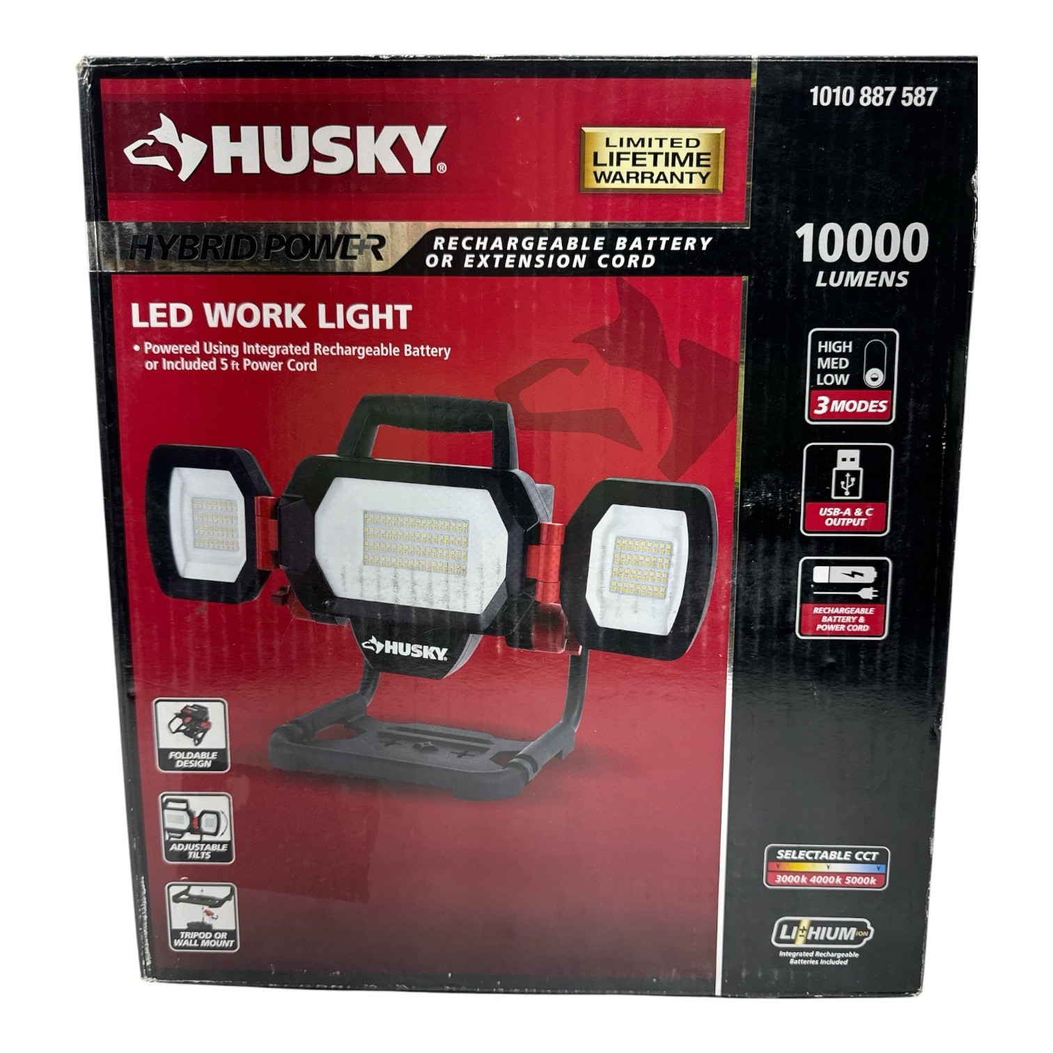 HUSKY 10,000 LUMEN Three-Head Hybrid LED Work Light 1010887587 Used