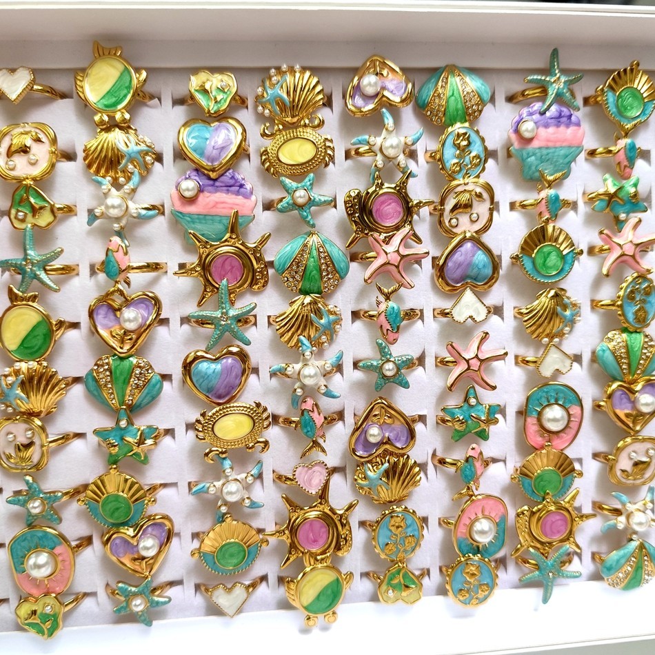 20Pcs Luxury Gold Various Stainless Steel Shells Starfish OPen Rings For Women