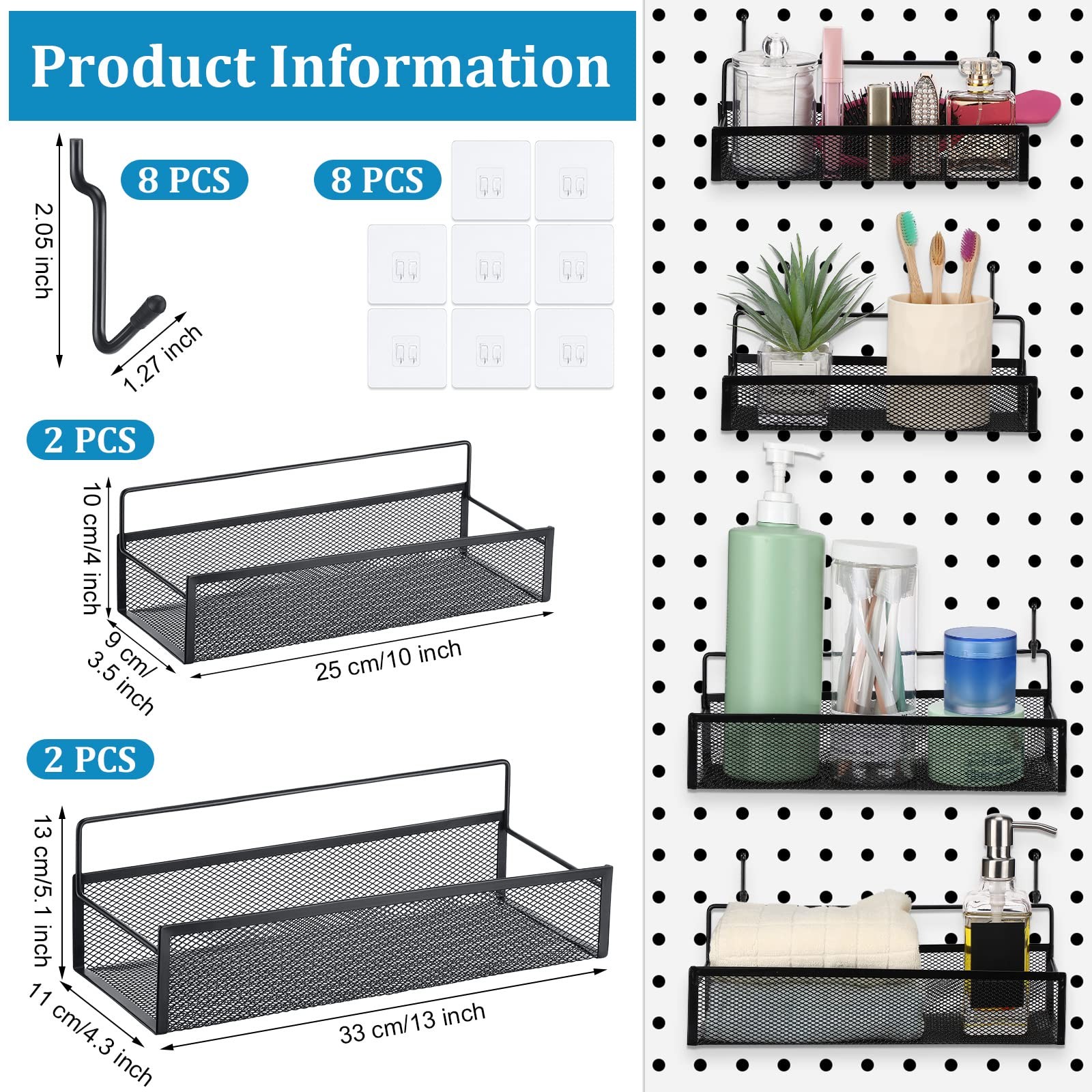 4 PCS Metal Pegboard Baskets with 8 Black Hooks Organizer Accessories