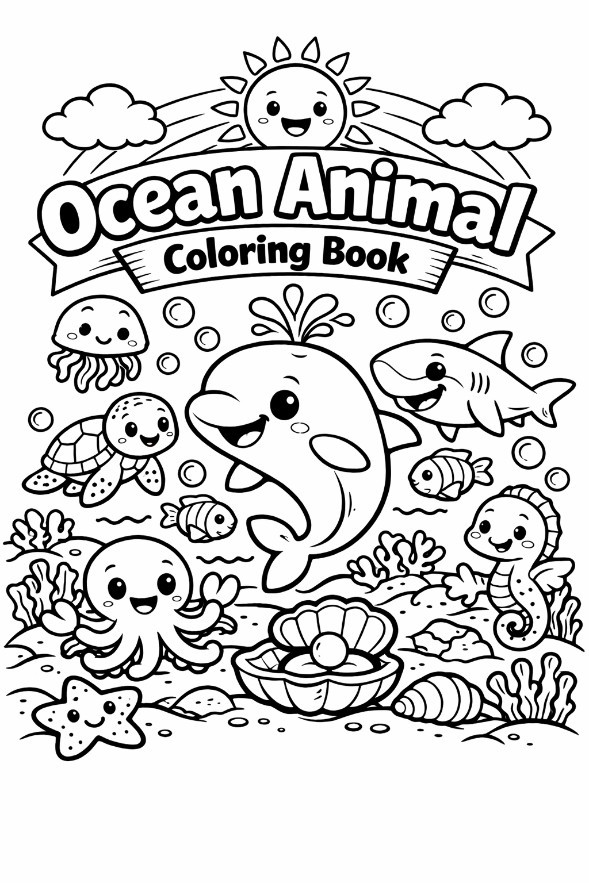 Ocean Animal Coloring Book for Kids | 10 Pages + Cover | Ages 3–7 | Instant Down