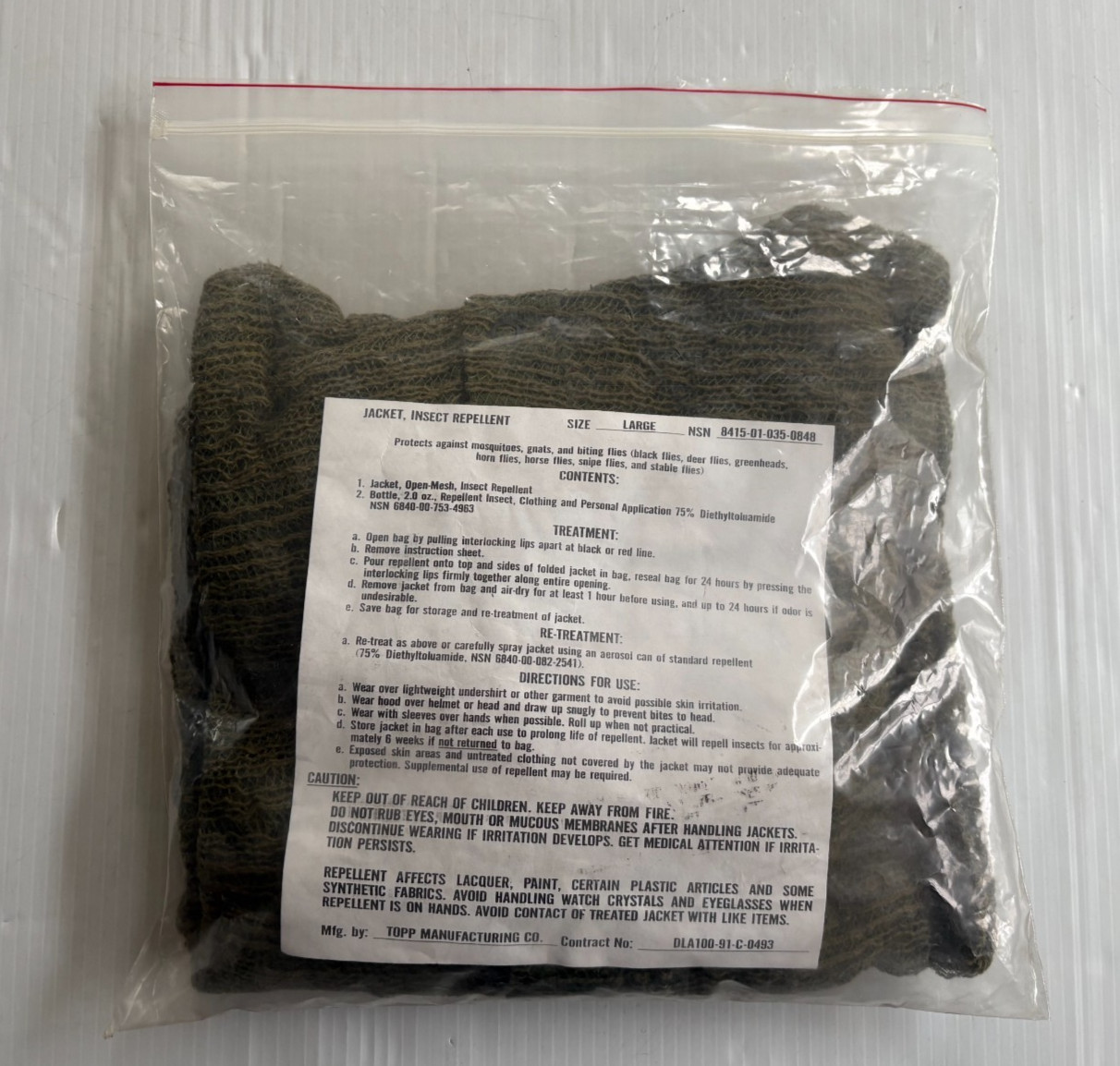 NEW UNISSUED US ARMY INSECT REPELLENT NET MESH JACKET (LARGE)