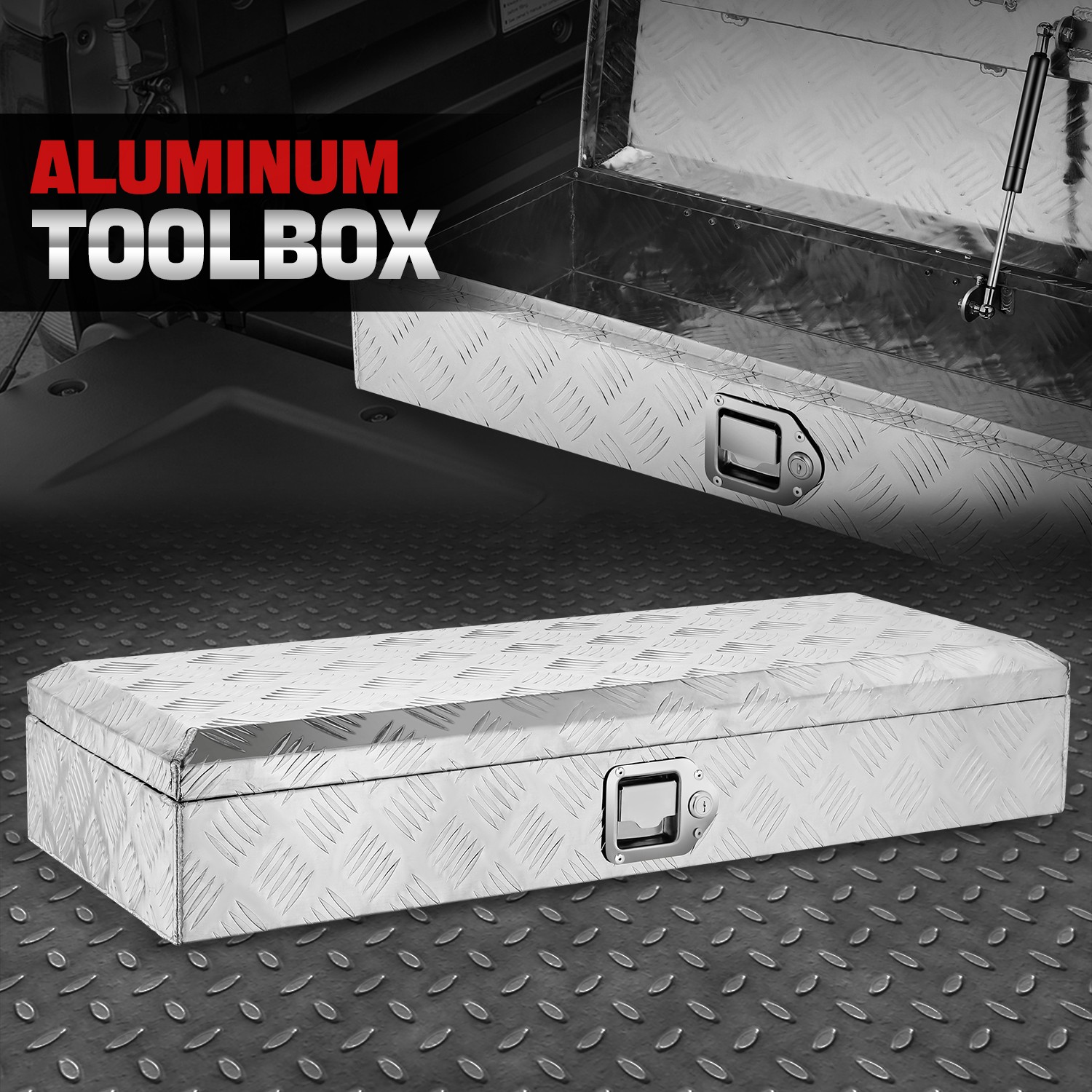 34" W Aluminum Truck Trailer Trunk Bed Tongue Tool Storage Box + Lock & Keys