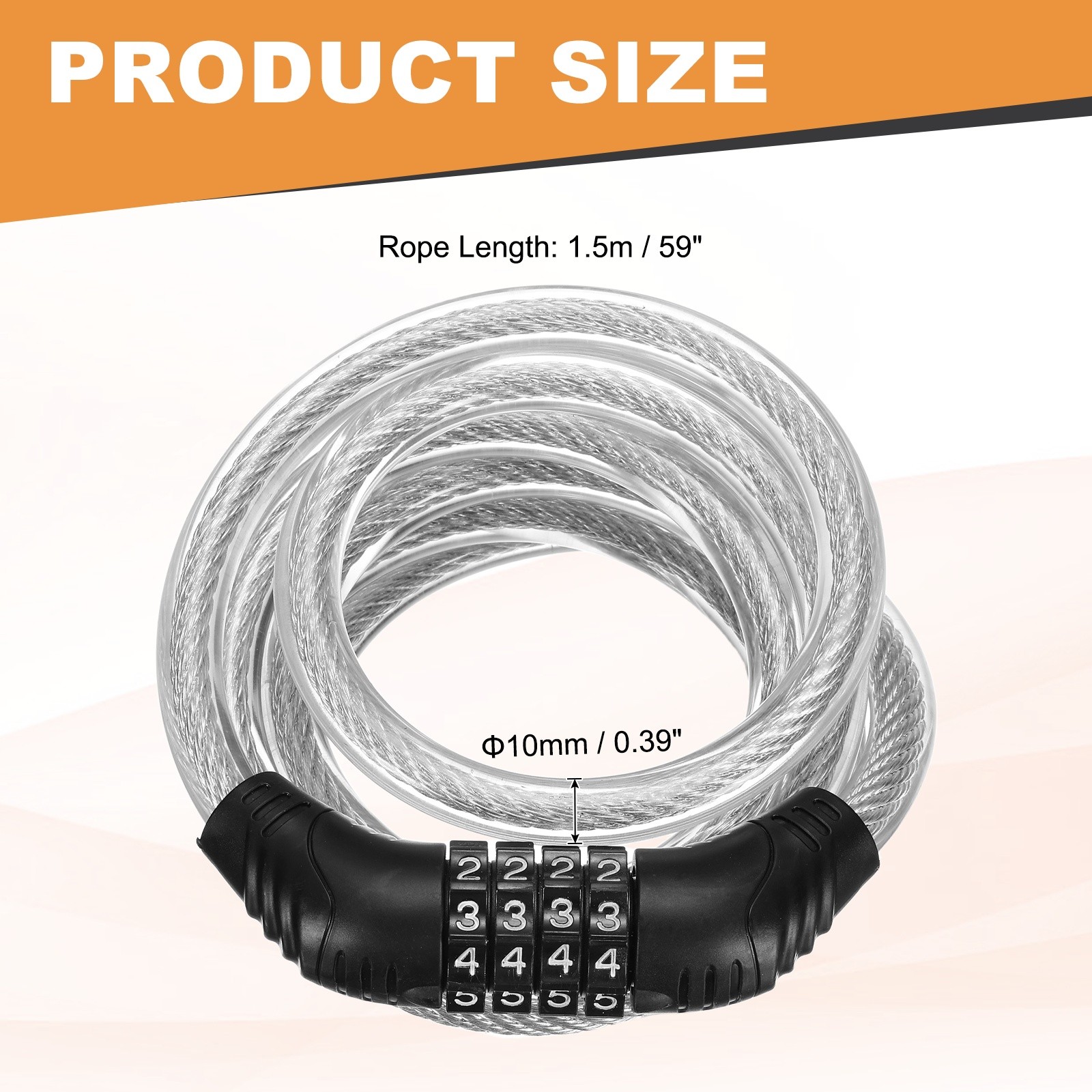 150cm Bike Lock Cable, Security Bike Wire with 4 Digit Code Combination, Clear