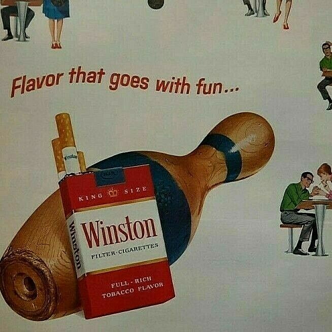 1965  Winston Filter Cigarettes Original Print Ad Couple Bowling & Pins