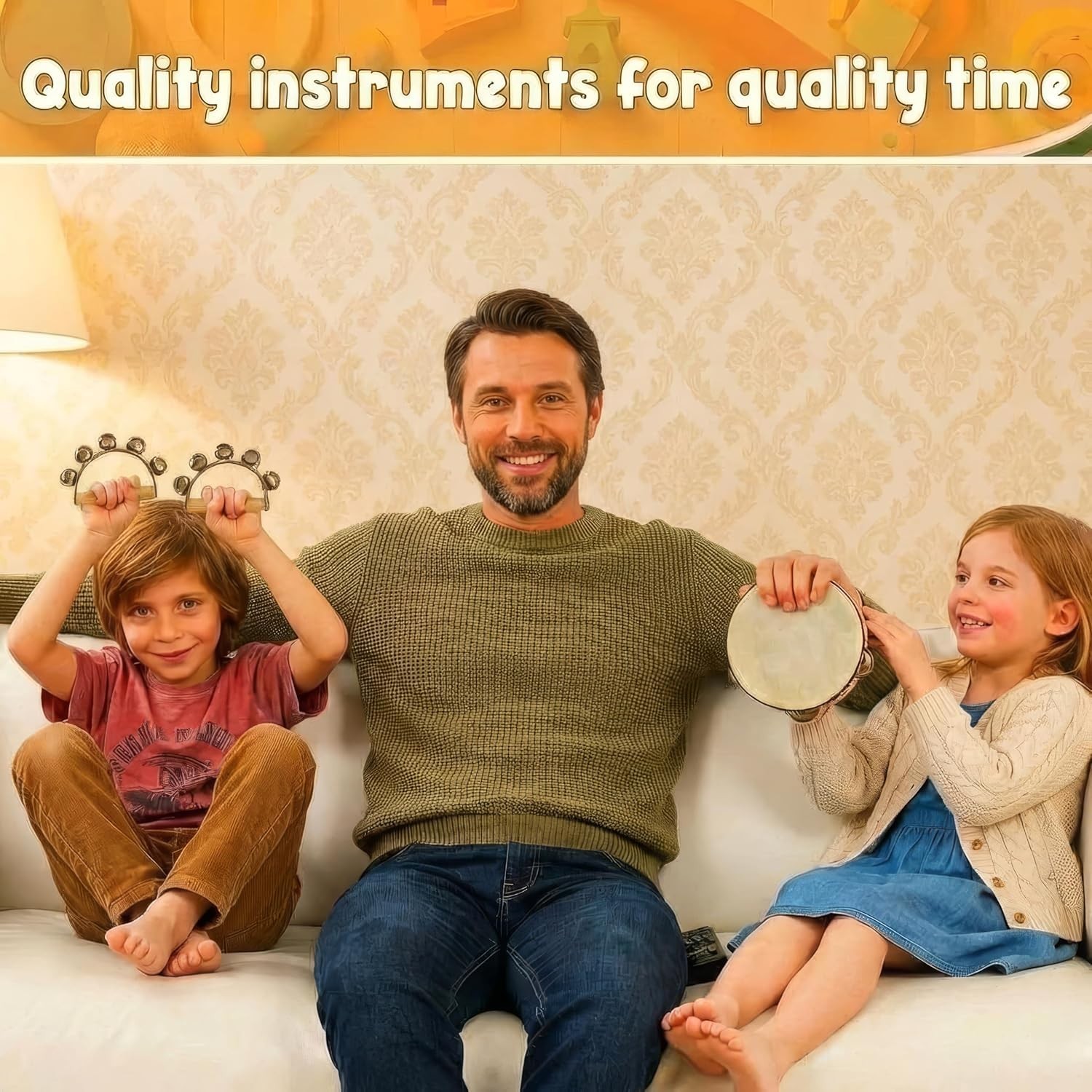 Wooden Toddler Musical Instruments with Drum, Hand Bells, Flute, Maracas, Cas...