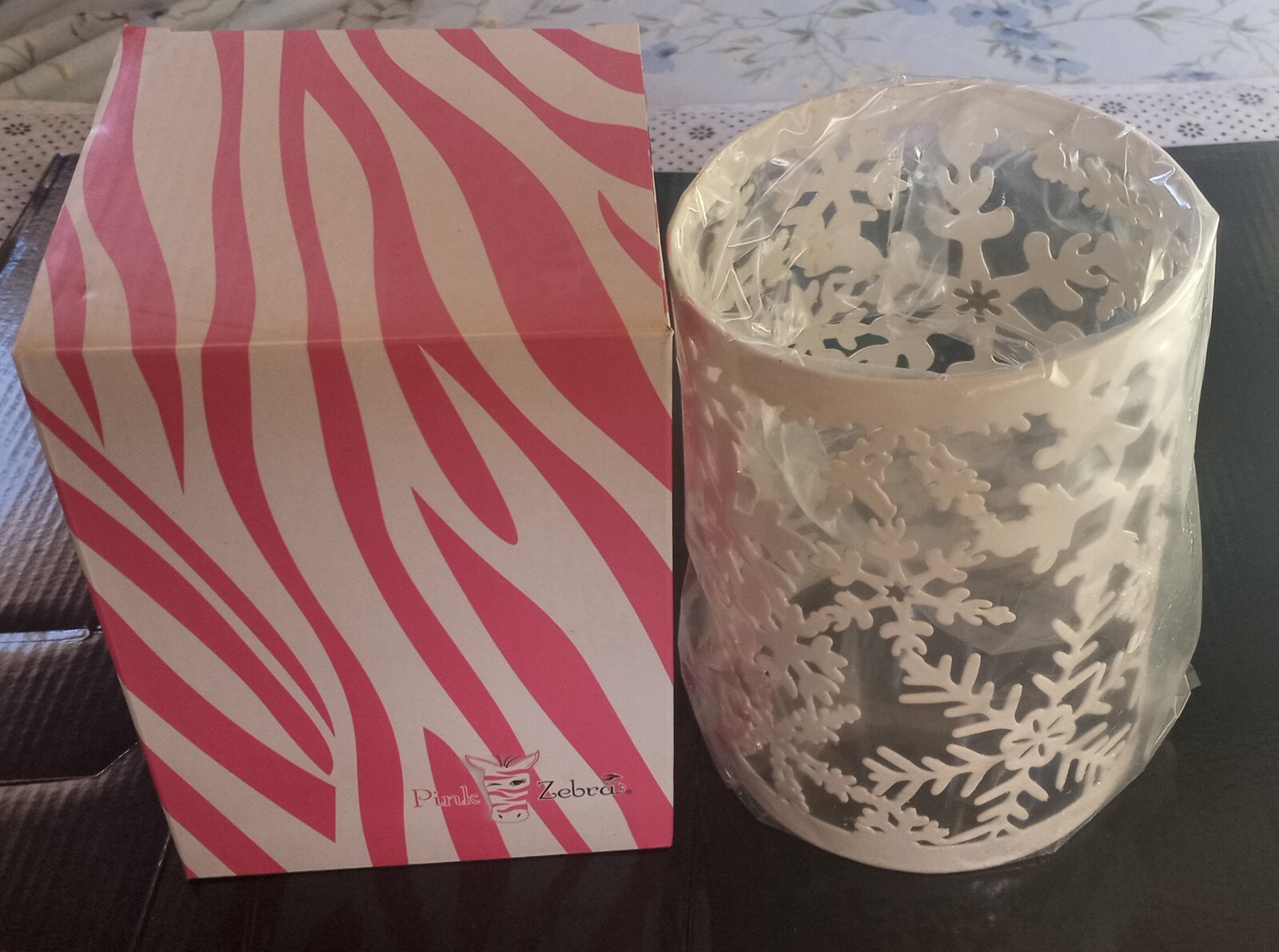 Pink Zebra metal surround snowflake white globe