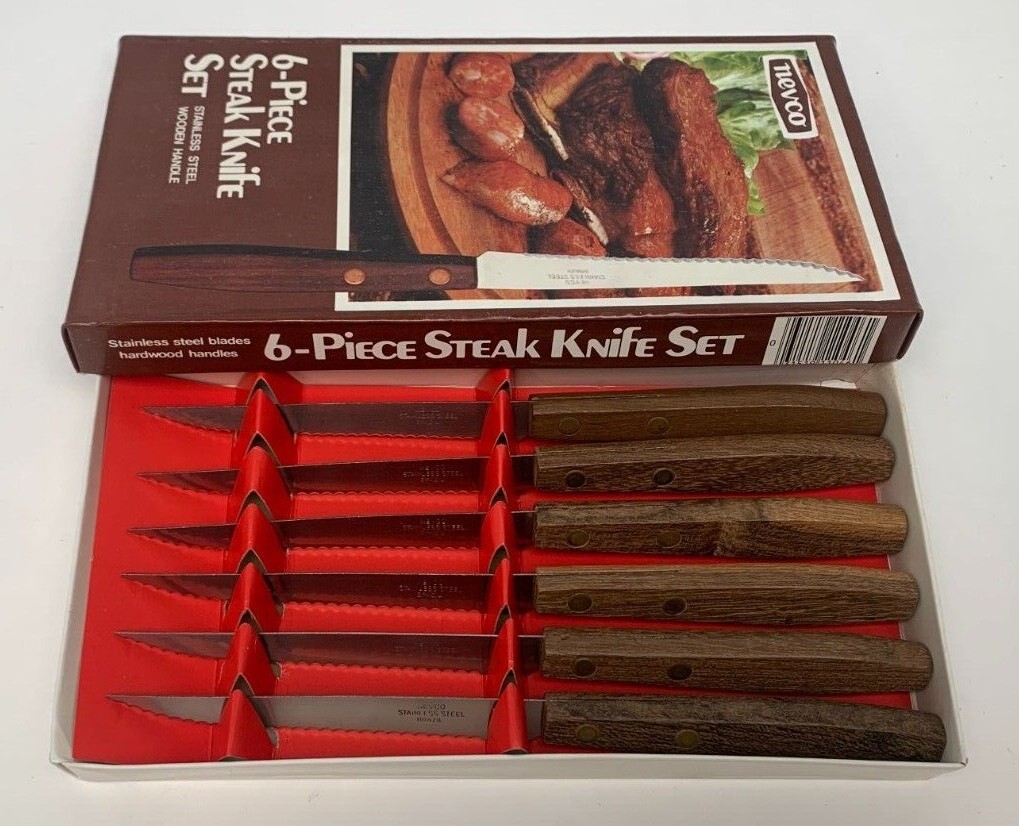 Vintage Nevco 6-Piece Steak Knife Set Stainless Steel with Wooden Handles NOS