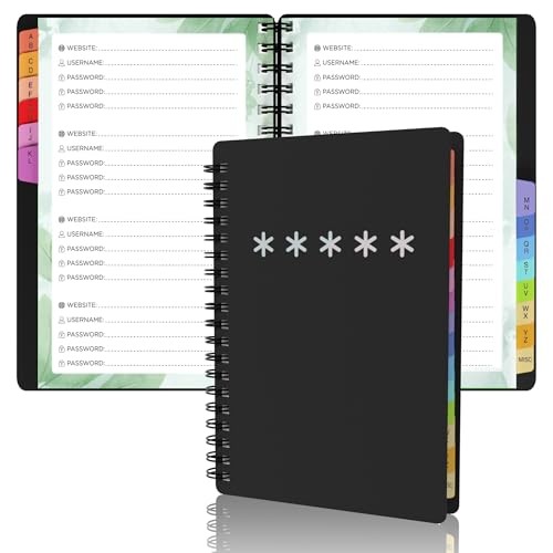 Spiral Password Book with Colorful Alphabetical Tabs -4.5x6.5 Inch Black