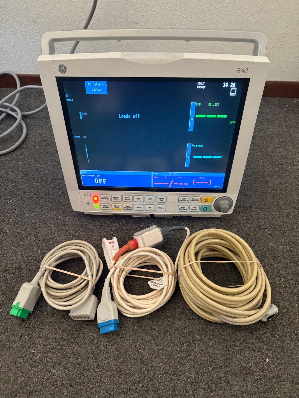 GE B40 Patient Monitor with Masimo Port and SPO2, ECG, NIBP Cables