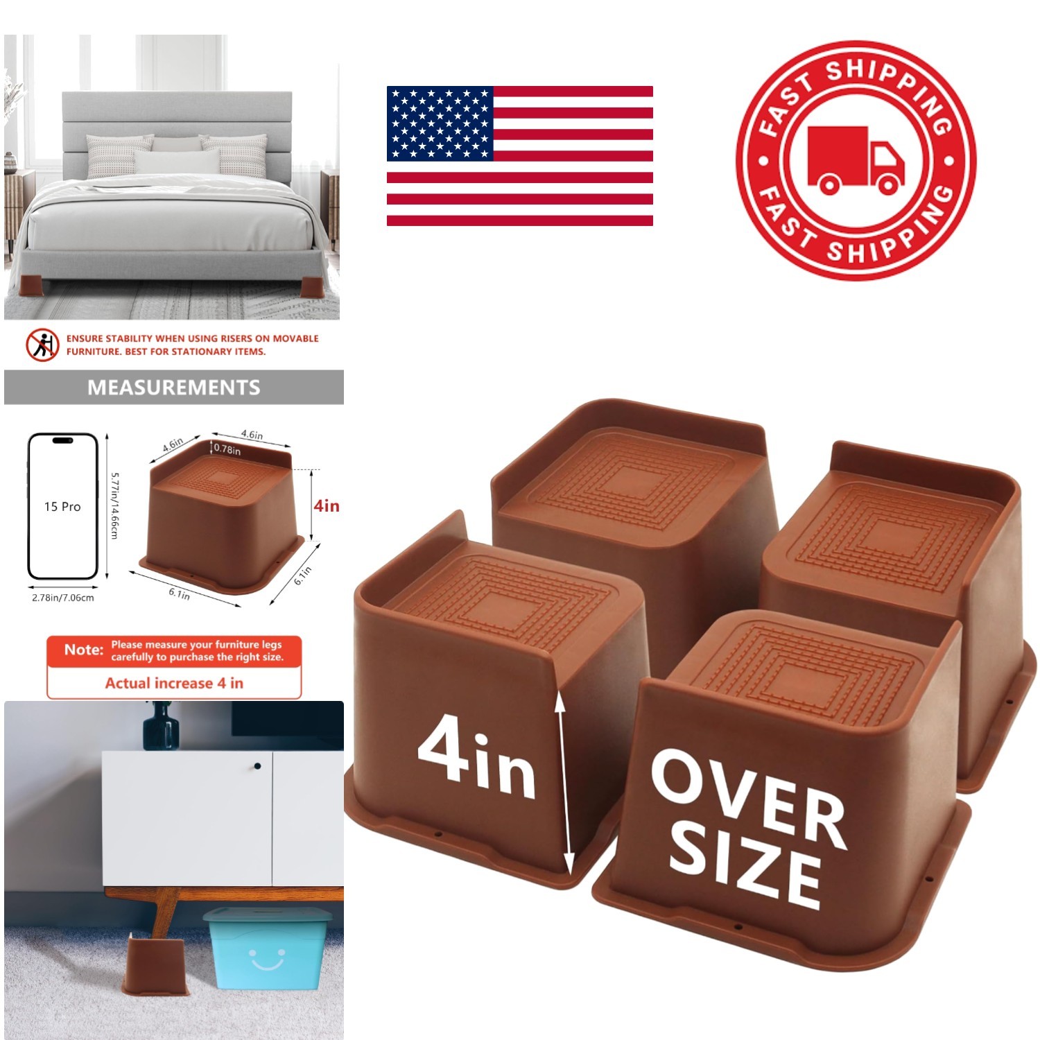 Brown Furniture Risers 4 Inch Pack of 4 Supports Heavy Items Up to 6500 Lbs