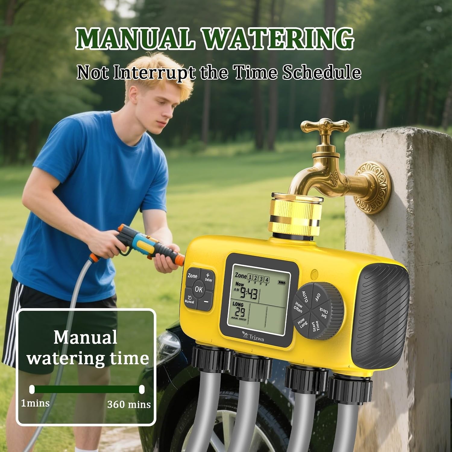 4-Zone Programmable Digital Smart Water Timer w/ Brass Inlet, Rain Delay, Anti-R