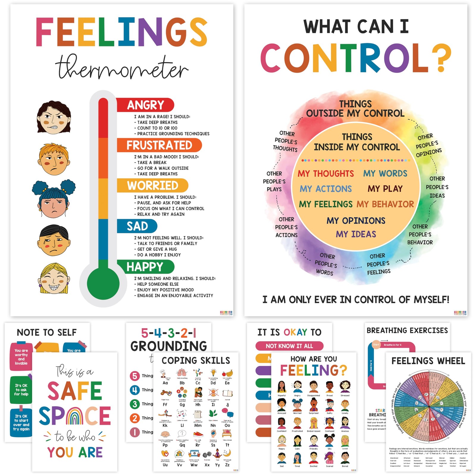 10 Mental Health Posters For Kids (10"x14") Therapy Office Decor, Feeling Whe...