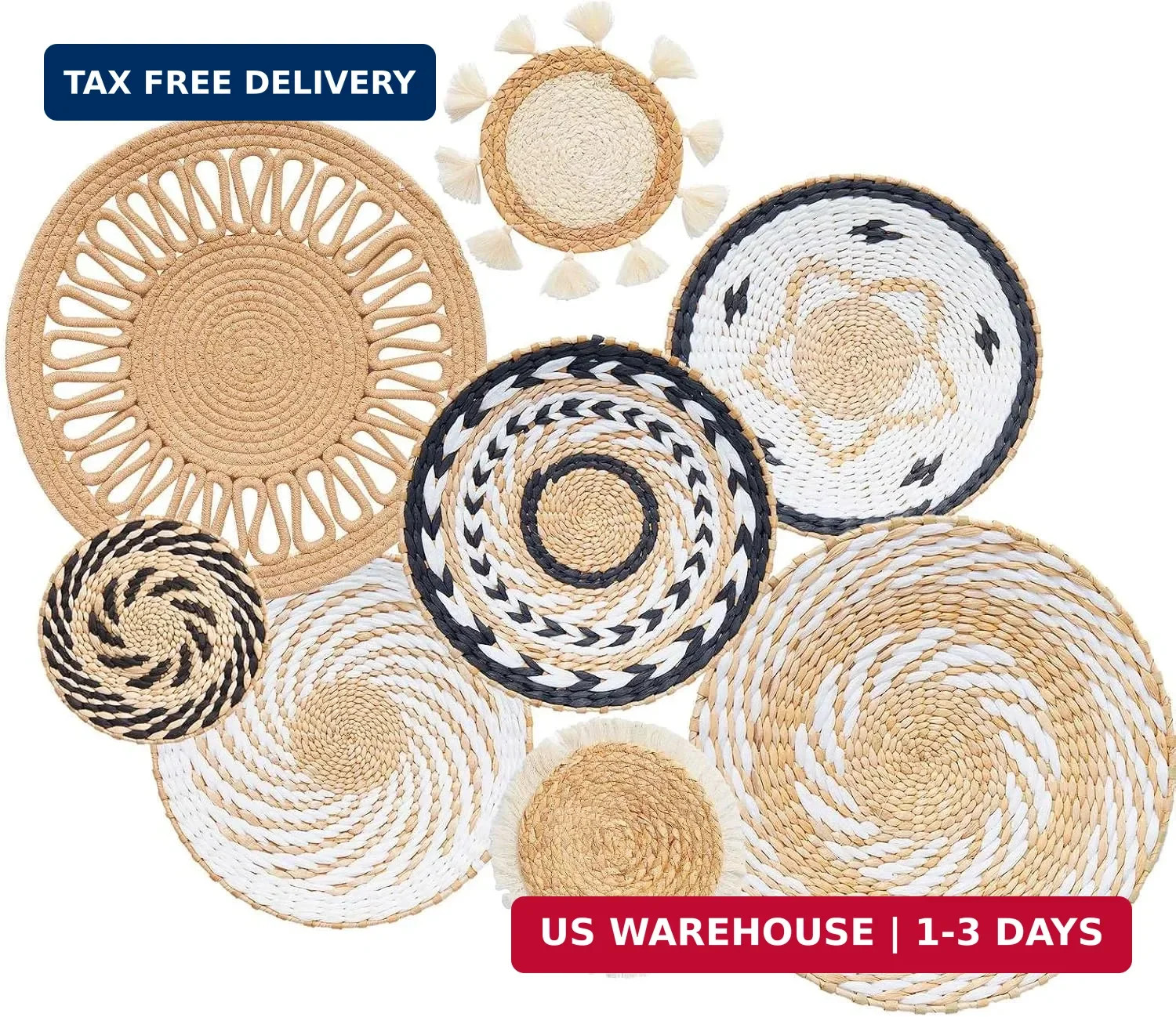 8 Pack Boho Wall Decor, 12 Inch Wall Basket Decor Round Handmade Hanging, Rattan