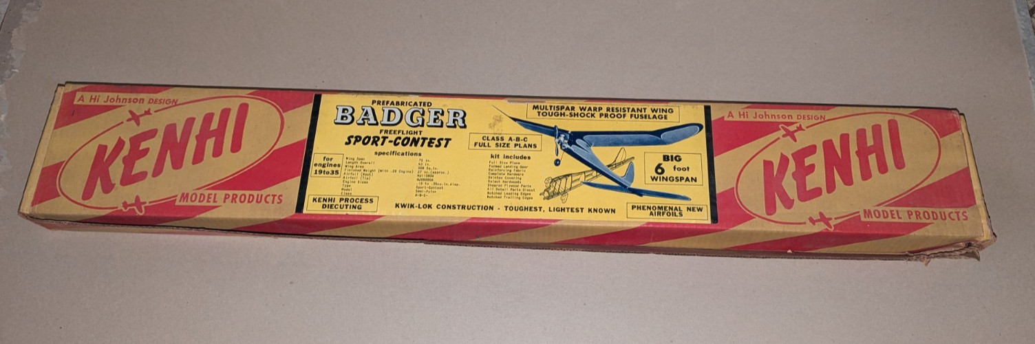 Vintage Kenhi BADGER 6ft Wingspan Free Flight Model Airplane Kit  Balsa