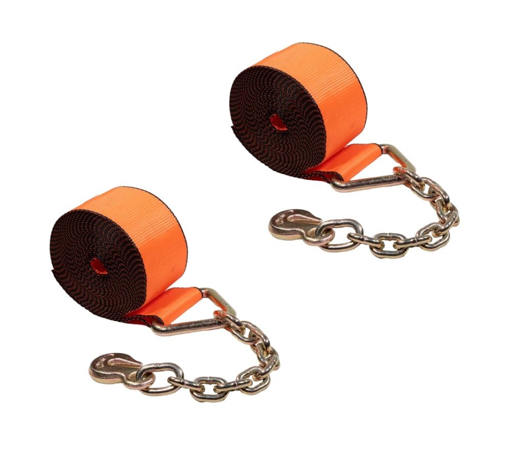 2Pk 4"x30' Winch Strap w/ Chain Anchor - 6670 lbs High Abrasion Tie Down Strap