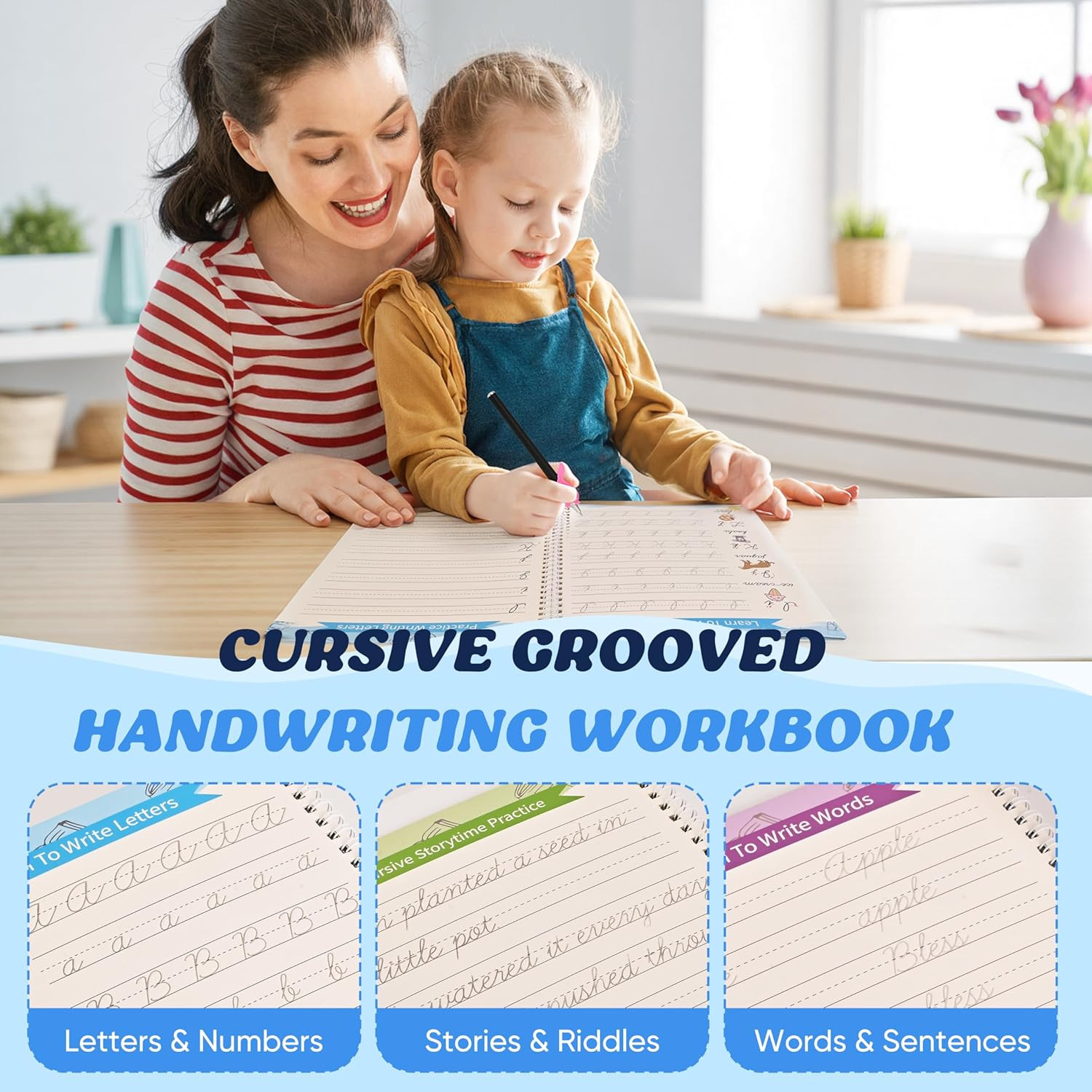 AALGO 3 Pack Grooved Cursive Handwriting Workbook,Reusable Cursive Letter Tracin