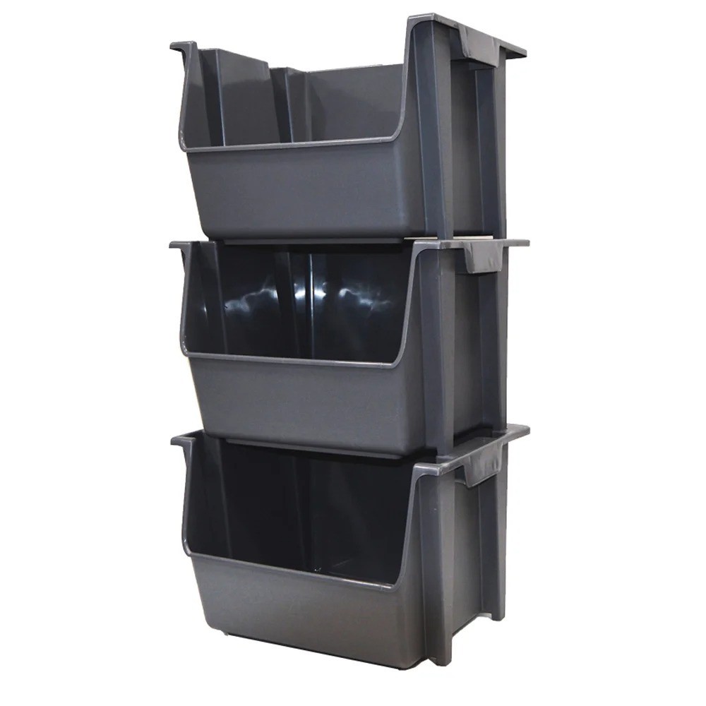 Large Plastic Stackable Storage Bins with Nesting Design in Gray Color