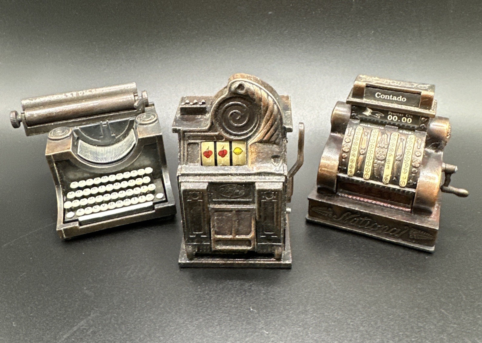 3 VTG Die Cast Metal Pencil Sharpeners Typewriter /Slot Machine/Cash Register