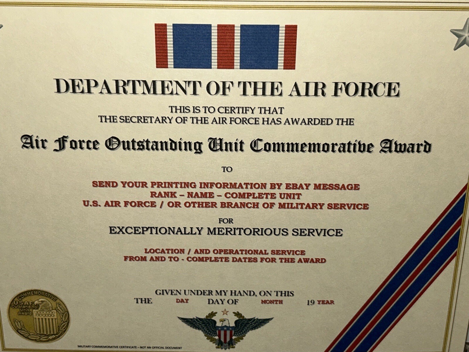 AIR FORCE OUTSTANDING UNIT COMMEMORATIVE AWARD CERTIFICATE~W/PRINTING T-1