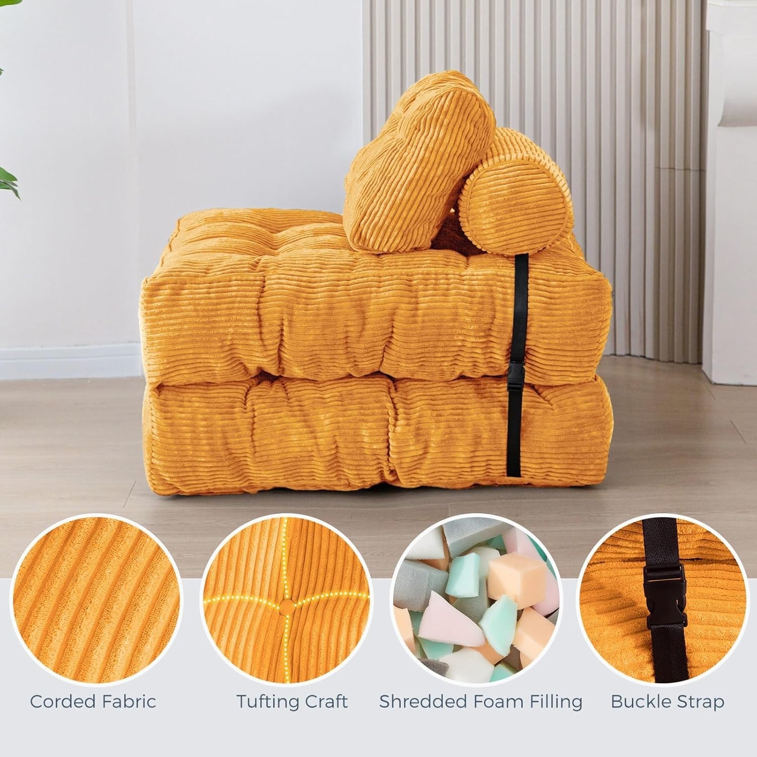 Convertible Sofa Bed Single Size Foldable Couch with Pillow Orange